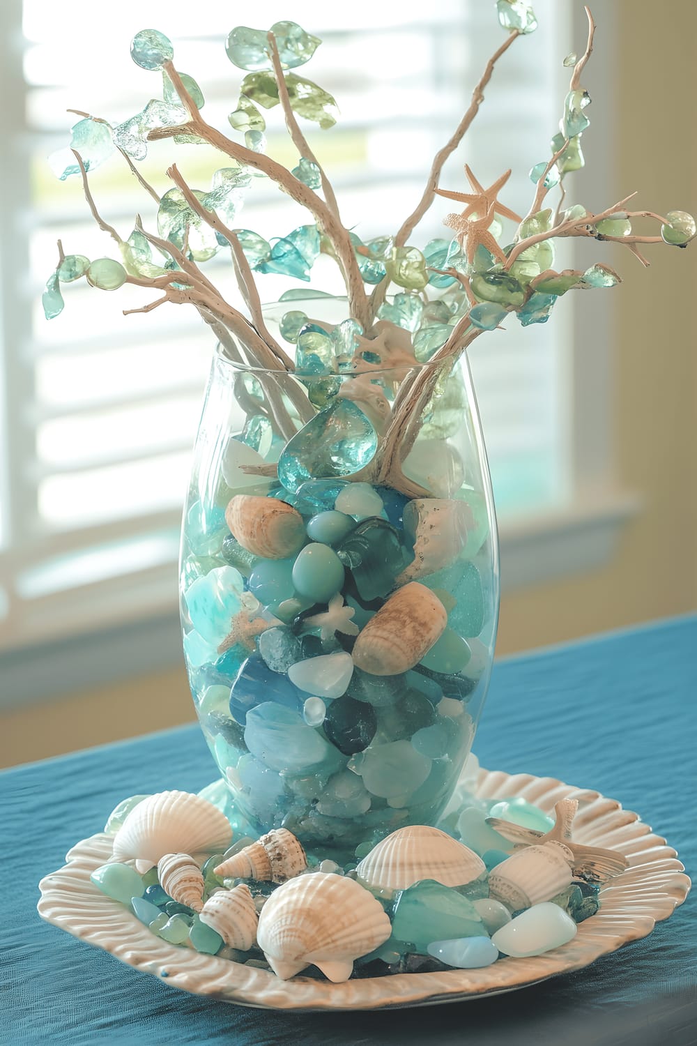 A large glass vase filled with sea glass in various shades of blue and green sits as a centerpiece on a sandy-colored ceramic plate, placed on a deep teal tablecloth. The arrangement is decorated with small seashells, starfish, and miniature driftwood pieces and is lit with natural daylight, creating a peaceful seaside atmosphere in a kitchen setting.