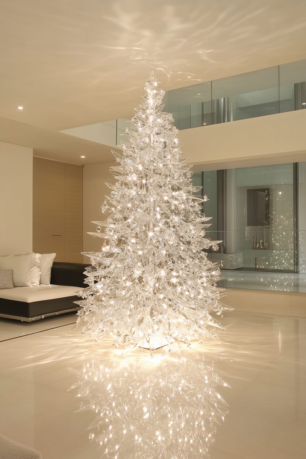 A white mirrored Christmas tree adorned with sparkling crystal ornaments, beautifully lit from within, is centrally placed in a minimalist modern living room. The room features a neutral color palette with soft ambient lighting, sleek furniture, and a polished, reflective floor that enhances the dazzling effect of the tree. The tree's reflection on the floor creates a mesmerizing, radiant display, adding a luxurious touch to the festive decor.