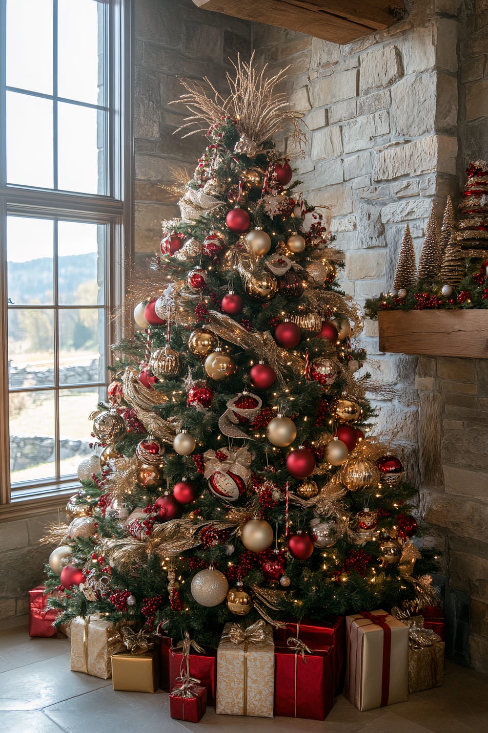 A beautifully decorated Christmas tree in a rustic, stone-walled room. The tree is adorned with red and gold ornaments, ribbons, and illuminated lights. At its base, there are numerous wrapped presents in red, gold, and white paper. The room has large windows, allowing natural light to pour in, and a mantelpiece with small, festive decorations, including miniature Christmas trees.