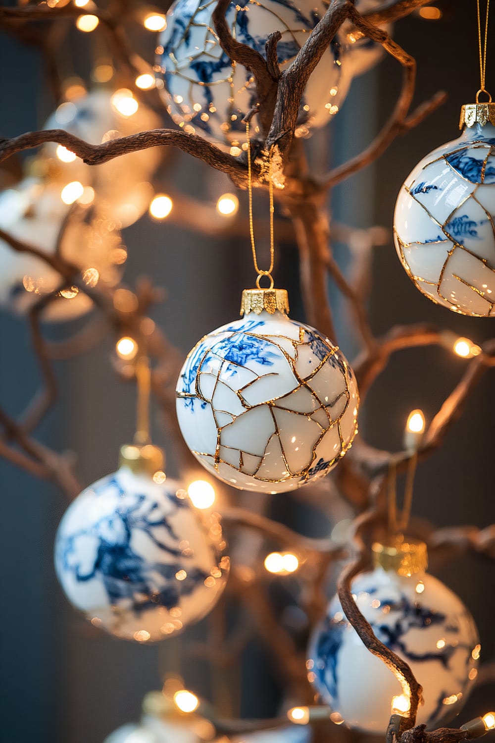 Close-up of Christmas ornaments hanging from a decorative twig arrangement adorned with string lights. The ornaments are porcelain balls with blue patterns and gold kintsugi-style lines, creating a cracked, yet refined appearance.