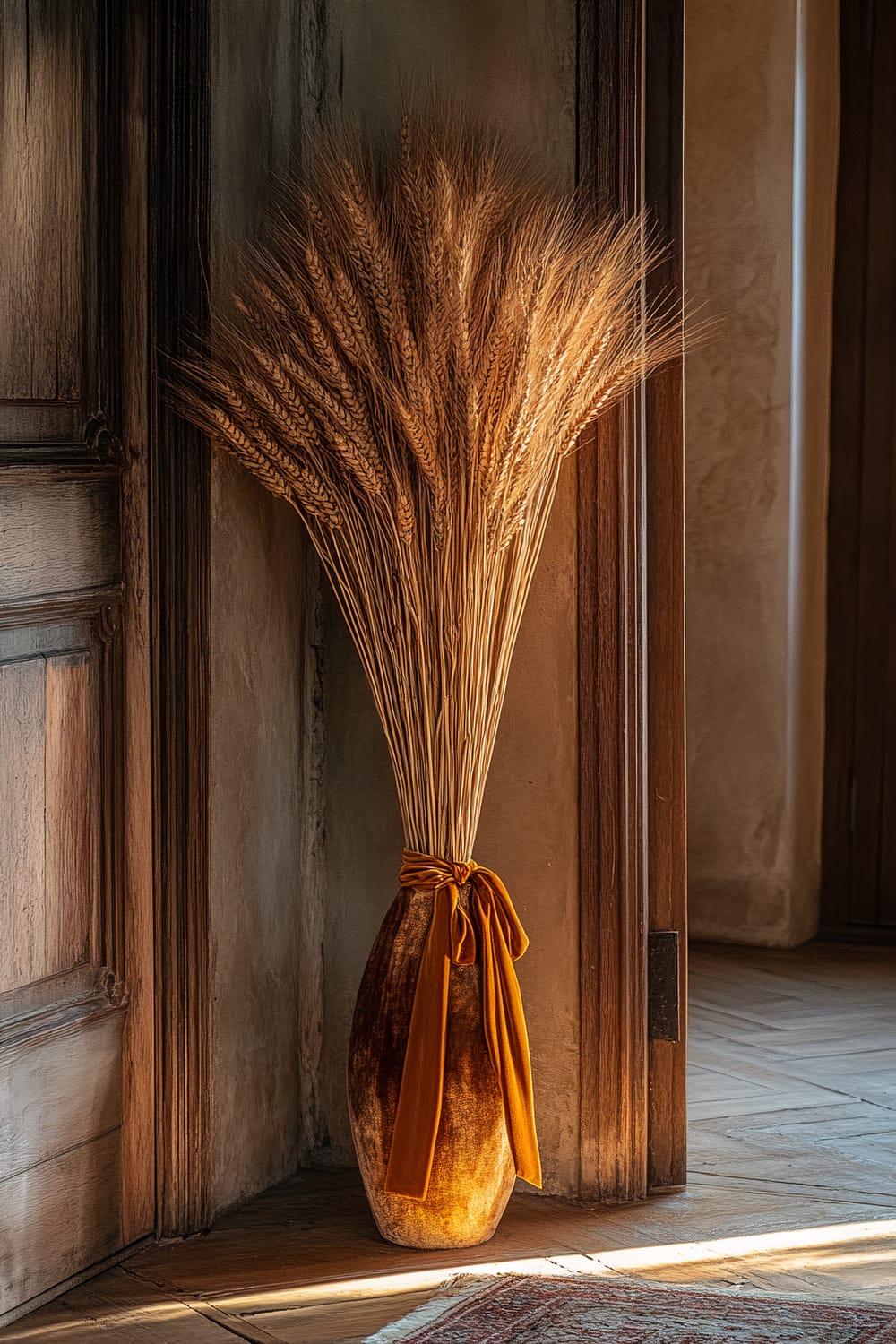 A large brown vase holding a bouquet of dried wheat stalks is placed in a corner next to a wooden door. The vase is adorned with an orange ribbon tied in a bow amidst a dimly lit interior with wooden accents and an earthy-toned wall.