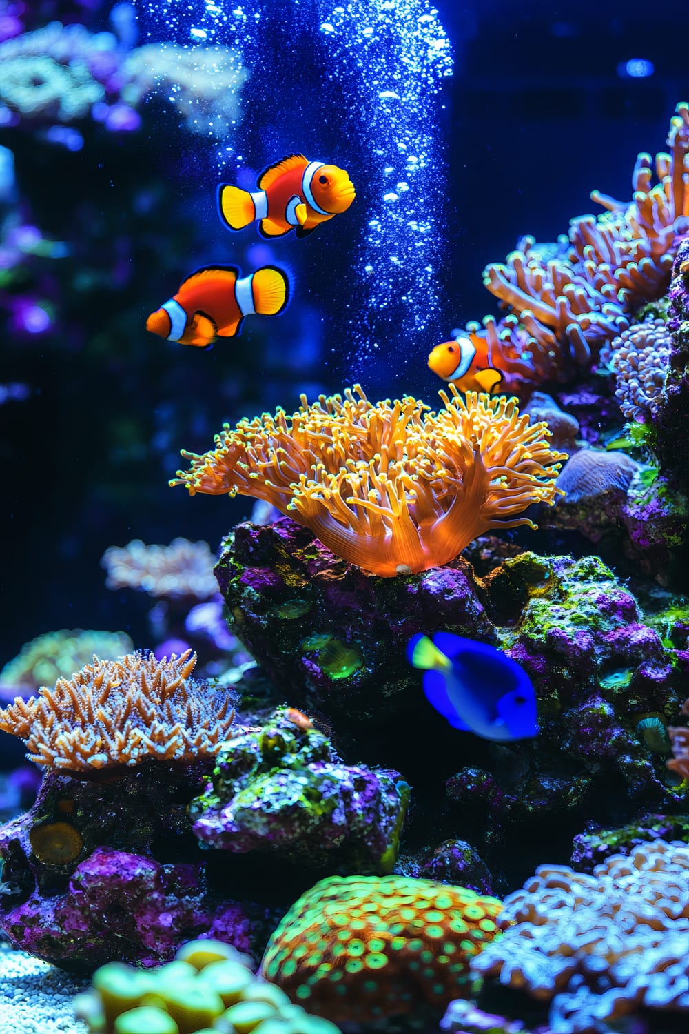 A vibrant coral reef aquarium viewed slightly from the side, showcasing a colorful and intricate ecosystem with brain coral and staghorn coral. Clownfish swim among the corals near the top of the image, and a blue tang fish is visible lower down. Tiny bubbles float upwards, creating a dynamic scene. Curved glass edges of the tank enhance depth and clarity. Overhead lighting casts vivid colors across the corals, highlighting their detailed textures and hues.