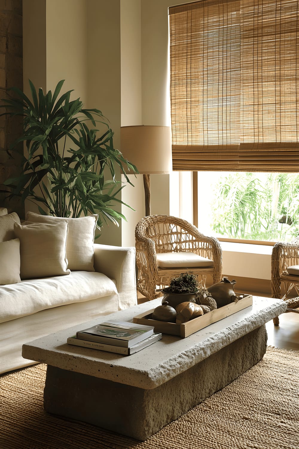 A small, harmoniously designed living room with earthy taupe linen-covered sofa and a stone coffee table with a polished marble surface. The room incorporates natural materials such as woven jute rugs and rattan chairs. A large window with wooden blinds lets in natural light, complementing a stone-inspired floor lamp and indoor plants, creating a serene, nature-infused atmosphere.