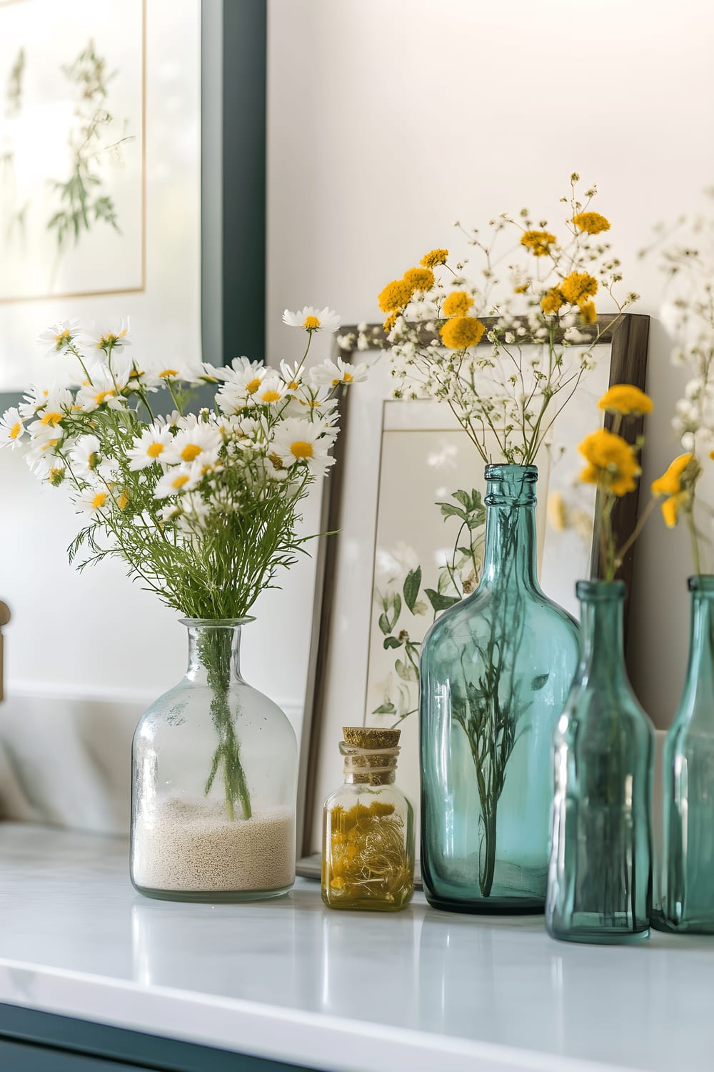 A mid-century modern kitchen table decorated with a centerpiece combining vintage botanical illustrations in frames, a vase of fresh wild flowers, and antique glass bottles filled with colored sand and small green ferns.