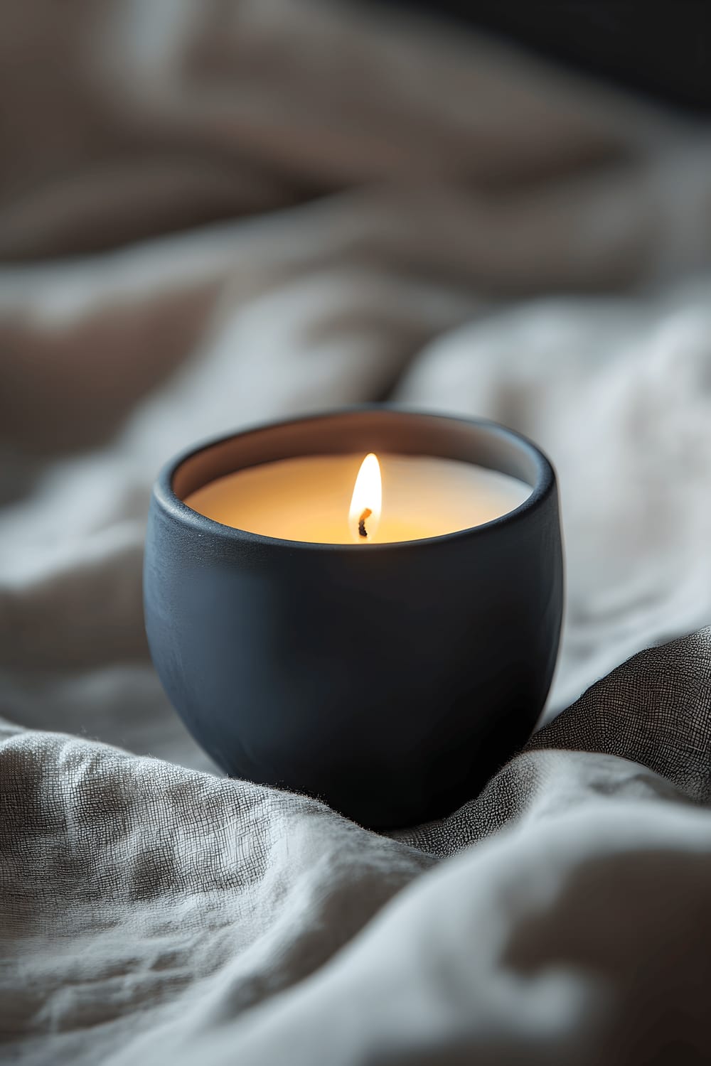 A macro photograph of a navy blue, handcrafted ceramic candle holder holding a quietly burning white candle, set on a subtly textured linen cloth with soft shadows enriching the elegant form of the holder.