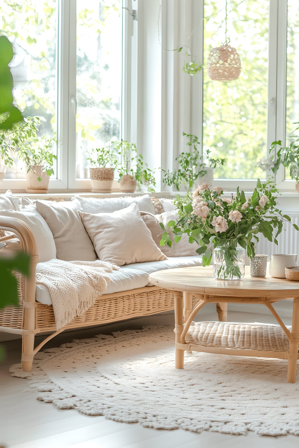 A bright, airy Nordic style sunroom flooded with natural light. The room features a wicker sofa adorned with pastel cushions, a light wood coffee table with a vase of fresh flowers and several potted indoor plants. Large windows reveal a verdant outdoor view and contribute to the overall serenity of the space.