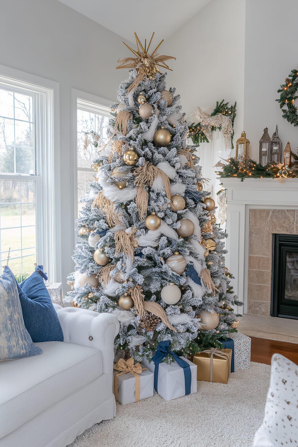 A beautifully decorated Christmas tree is positioned next to a white sofa in a bright living room. The tree is adorned with gold, white, and beige ornaments, and topped with a golden star. Wrapped gifts in white, blue, and gold are placed underneath the tree. The windows behind the tree allow natural light to flood the room, highlighting a charming decor that includes garlands and lanterns on a white fireplace mantel.