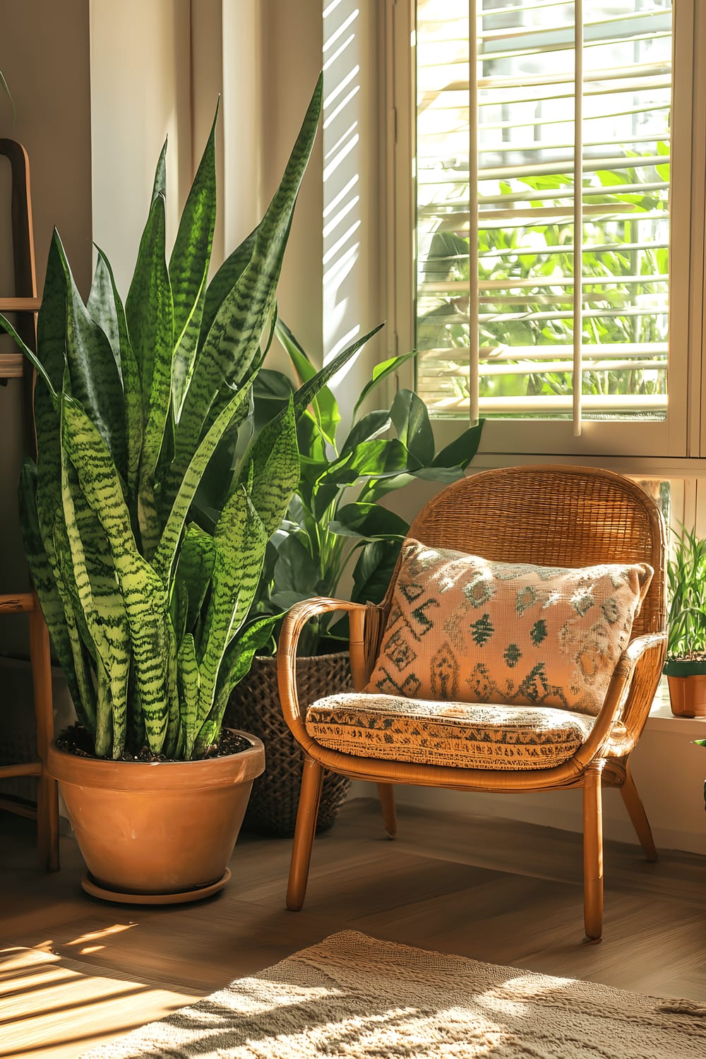 A bright and eco-friendly living room with a living green wall, rattan armchair, a large snake plant in a terracotta pot, bamboo furniture with Catalan carvings, and natural fiber rugs spread around. The room is filled with natural sunlight streaming in from large windows that have Catalan shutters. Small decorative items made of recycled glass are spotted throughout the room, complimenting the decorative Catalan patterns on the organic cotton cushions draped over the armchair.