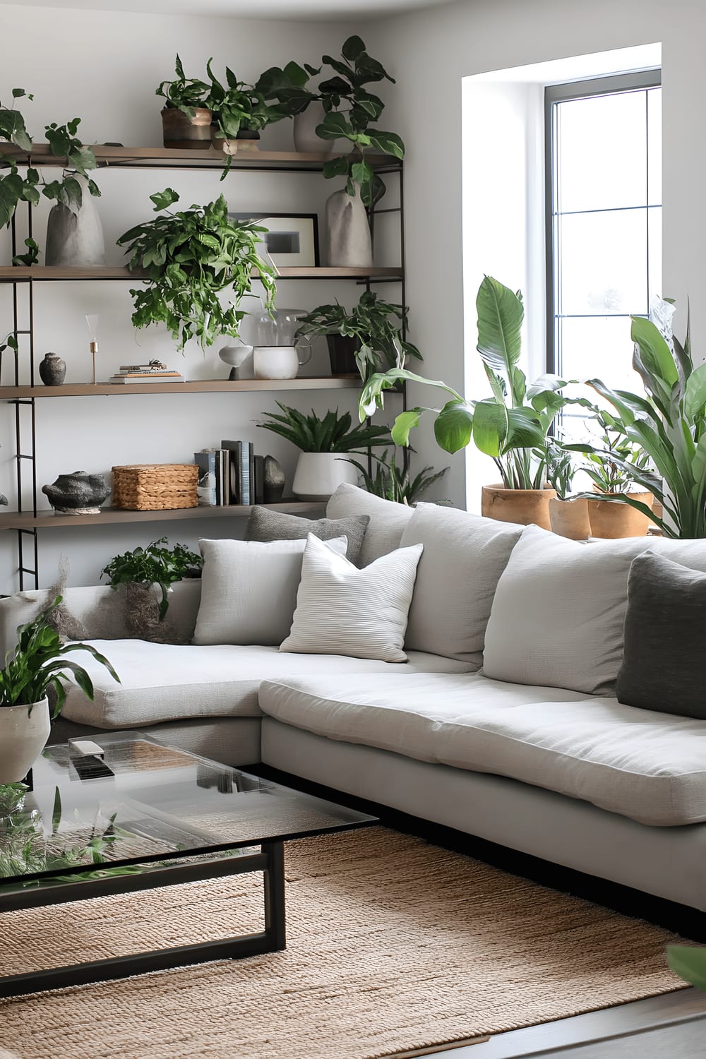 A sleek, modern, minimalist living room with a low-profile sectional sofa, a glass and metal coffee table, and built-in shelving filled with carefully chosen decor. The room's features are monochromatic, offset by vibrant green plants in simple pots, including snake plants and fiddle leaf figs. Natural sunlight filters into the room, highlighting its clean, uncluttered lines.