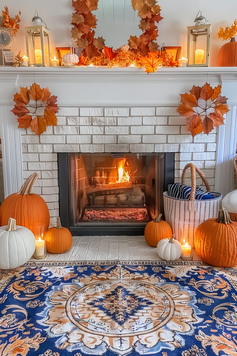 A warmly lit living room fireplace decorated with fall-themed elements. The mantel is adorned with candles, lanterns, small pumpkins, and autumn leaves. The hearth features various-sized pumpkins in white, orange, and muted tones, flanked by white pillar candles. A basket with a blue and white striped blanket sits beside the fireplace. The floor features a vibrant blue and orange patterned rug.