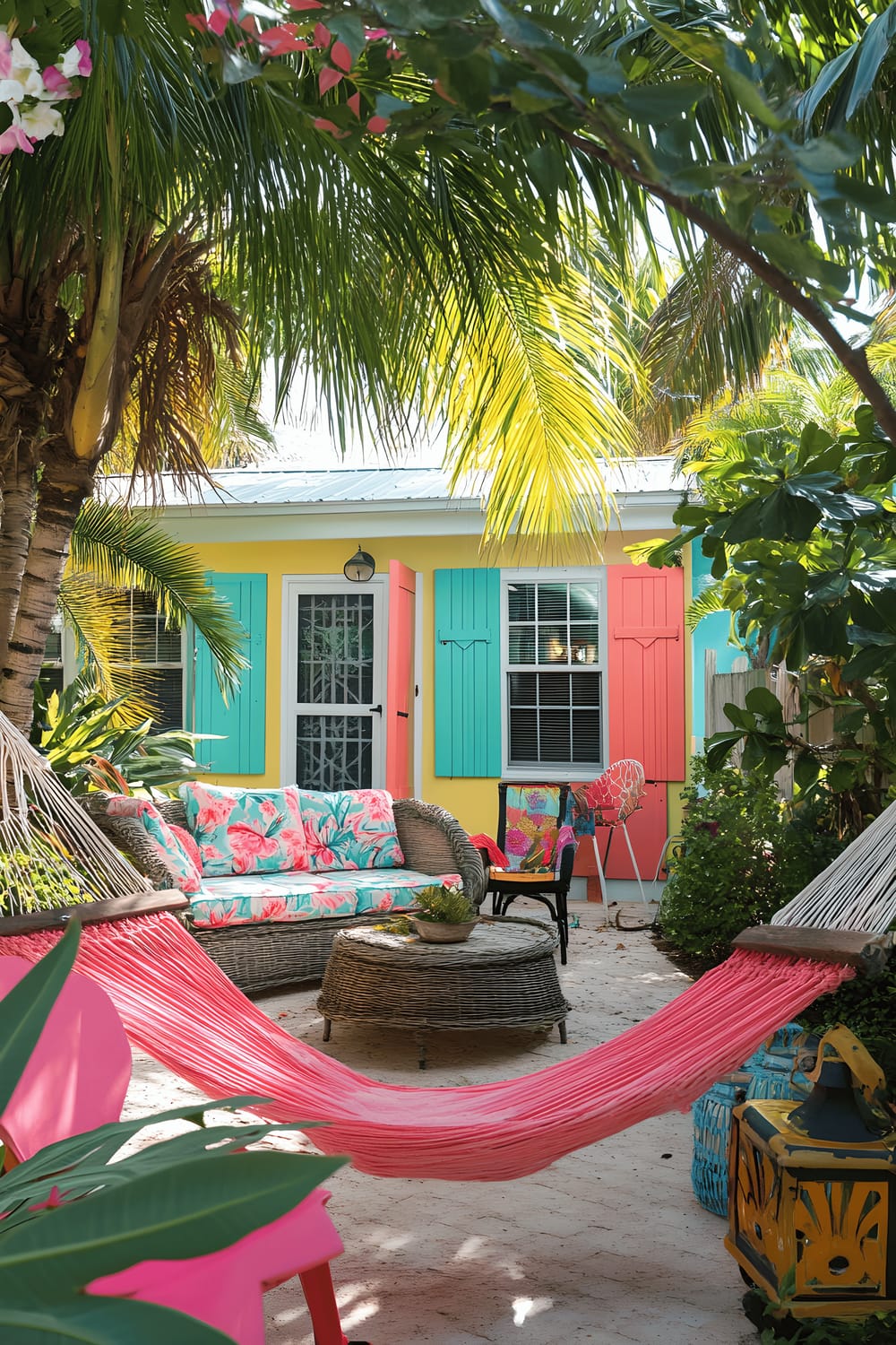 The image depicts a small, vibrant Caribbean-themed yard at a colorful two-bedroom home. The house is painted in bright hues of coral, turquoise, and sunny yellow with white trim and shutters. Tropical plants like palms, hibiscus, and bougainvillea fill the yard, which boasts a seating area consisting of rattan or bamboo furniture with bright, patterned cushions and a hammock hanging between two trees. Decorative pieces, including a painted driftwood centerpiece, lanterns, and a rustic water feature, complete the Caribbean vibe against the backdrop of the sun-soaked house.