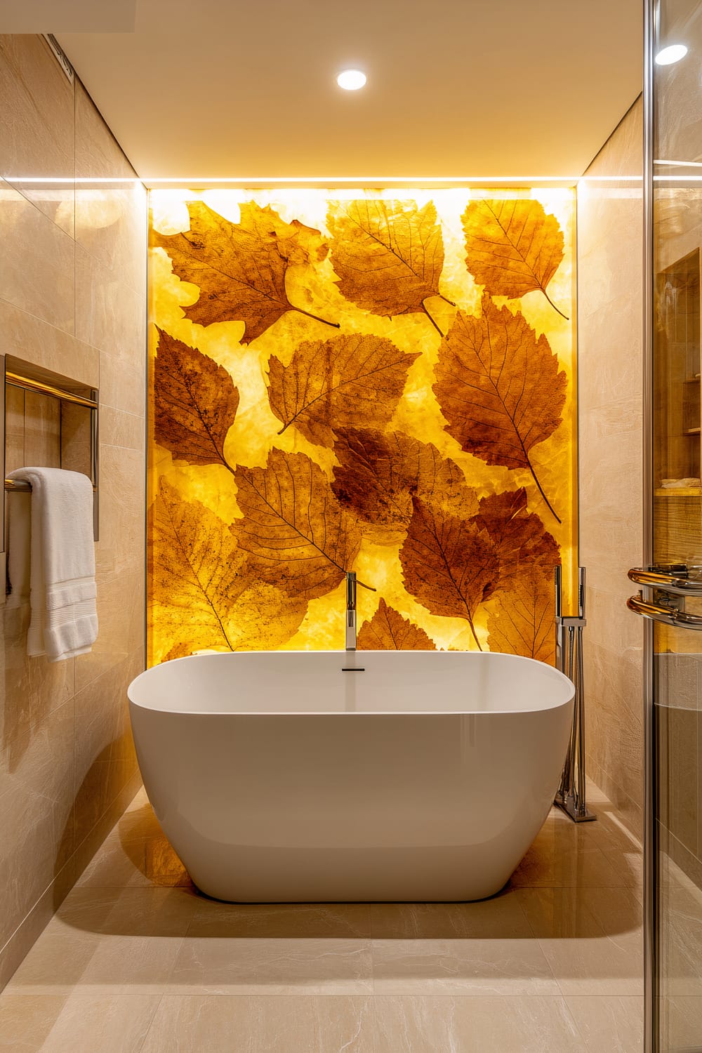 A high-end, modern bathroom with a striking feature wall behind a sleek, white, freestanding bathtub. The feature wall is backlit and adorned with large autumn leaves in rich hues of amber and gold, creating a warm and inviting ambiance. The floor and walls are lined with beige marble tiles. To the left, a chrome towel rail holds a neatly folded white towel. The ceiling features recessed lighting and a soft glow, enhancing the room's luxurious feel.