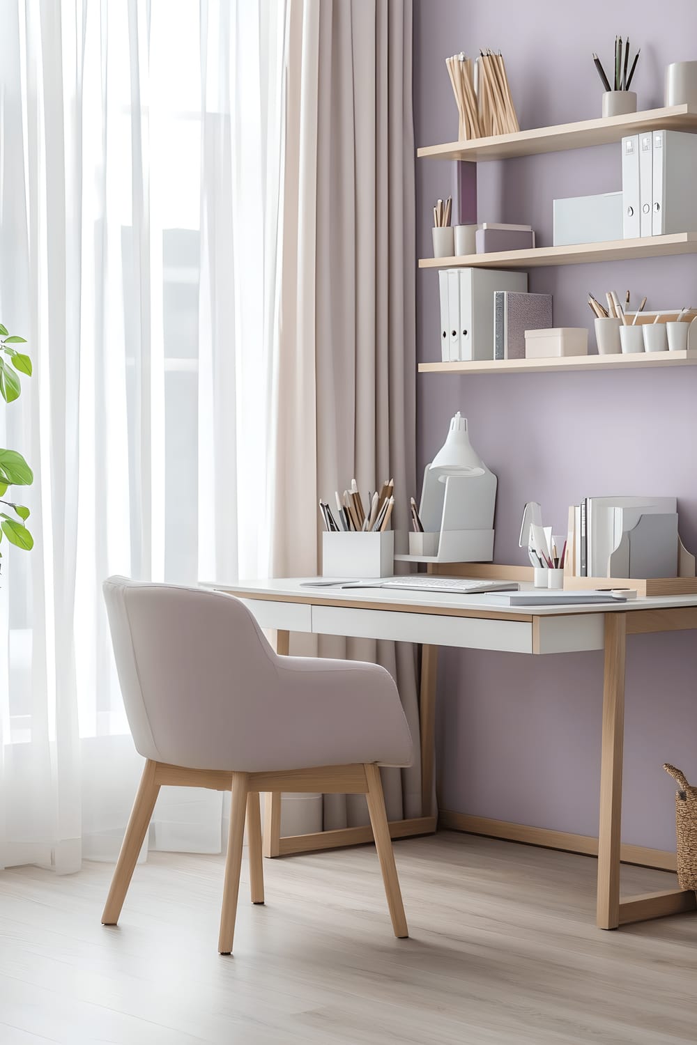 A minimalist home office space painted in soft lilac. The office includes a sleek white desk with pastel mint accessories, a comfortable light grey ergonomic chair with a pastel pink cushion, and a light wooden bookshelf filled with verdant plants and pastel-colored office supplies. Large windows with sheer pastel curtains fill the room with sunshine, contributing to a warm and serene atmosphere.