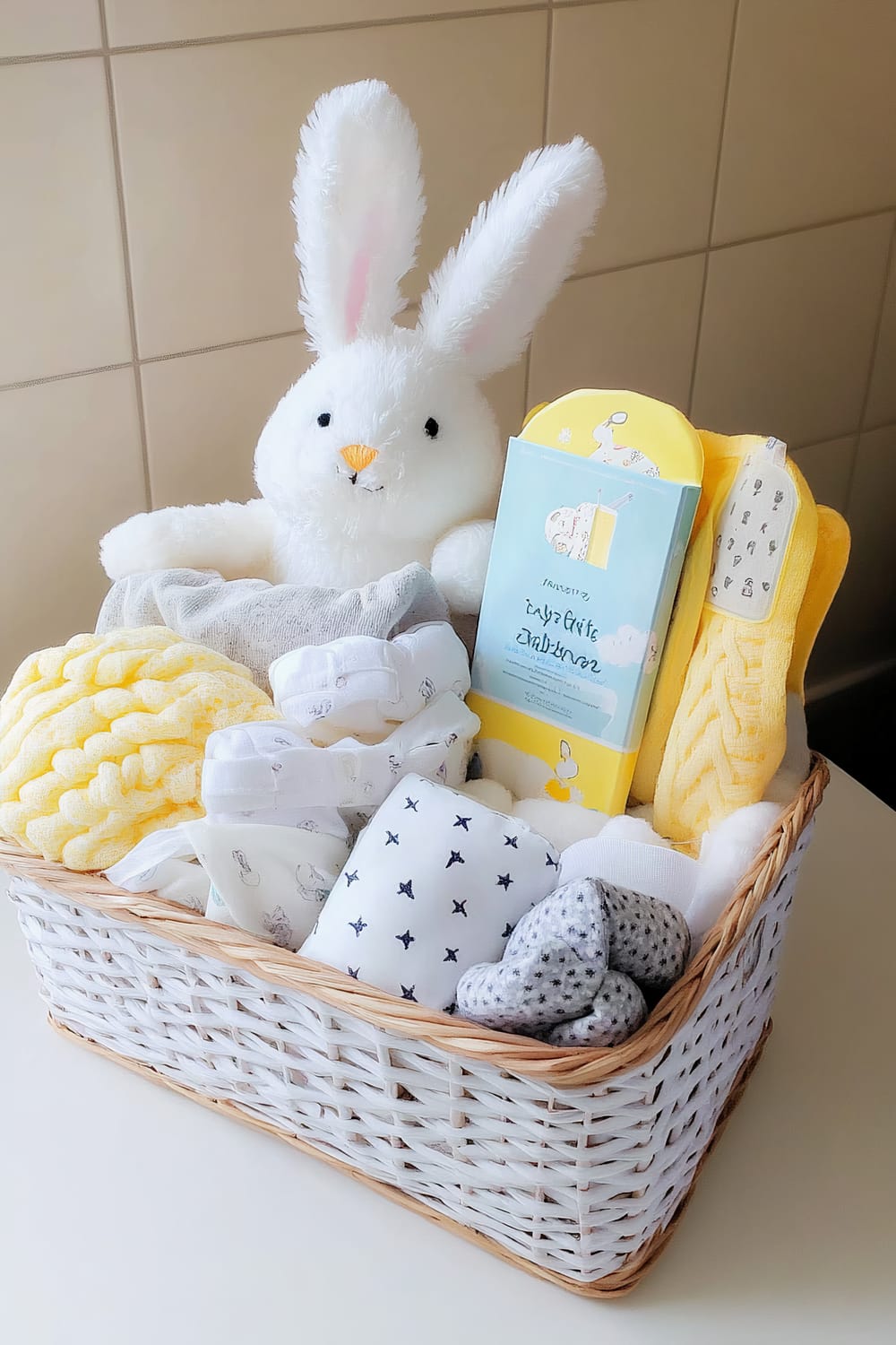 A wicker basket filled with baby care items and plush toys is pictured. A plush white bunny with long ears stands out prominently, nestled among various baby essentials. The basket contains soft, rolled-up blankets and washcloths in pastel shades of yellow, white, and gray, featuring small prints and patterns. A yellow box with baby designs and some baby socks or booties also peek out from the basket. The background consists of light-colored tiles, suggesting the basket is placed on a bathroom or nursery countertop.