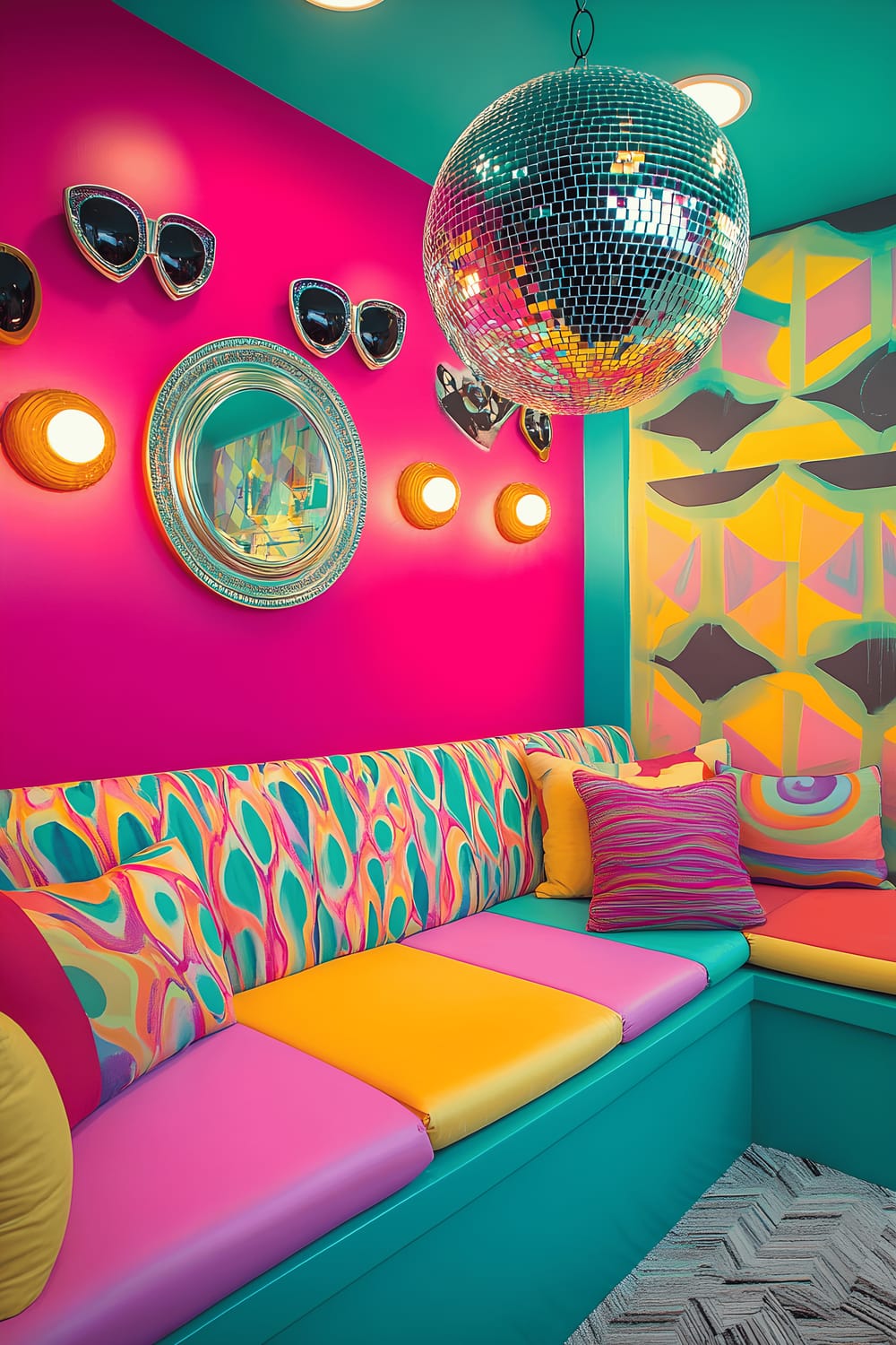 A playful and vibrant retro-themed party room with bold, geometric patterns in bright pink, teal, and yellow on the walls. The room features funky furniture pieces, including a mid-century modern sofa with colorful throw pillows. There's a disco ball hanging from the ceiling, casting diverse hues across the room. On a side, vintage hats and oversized sunglasses are displayed on a decorative rack.