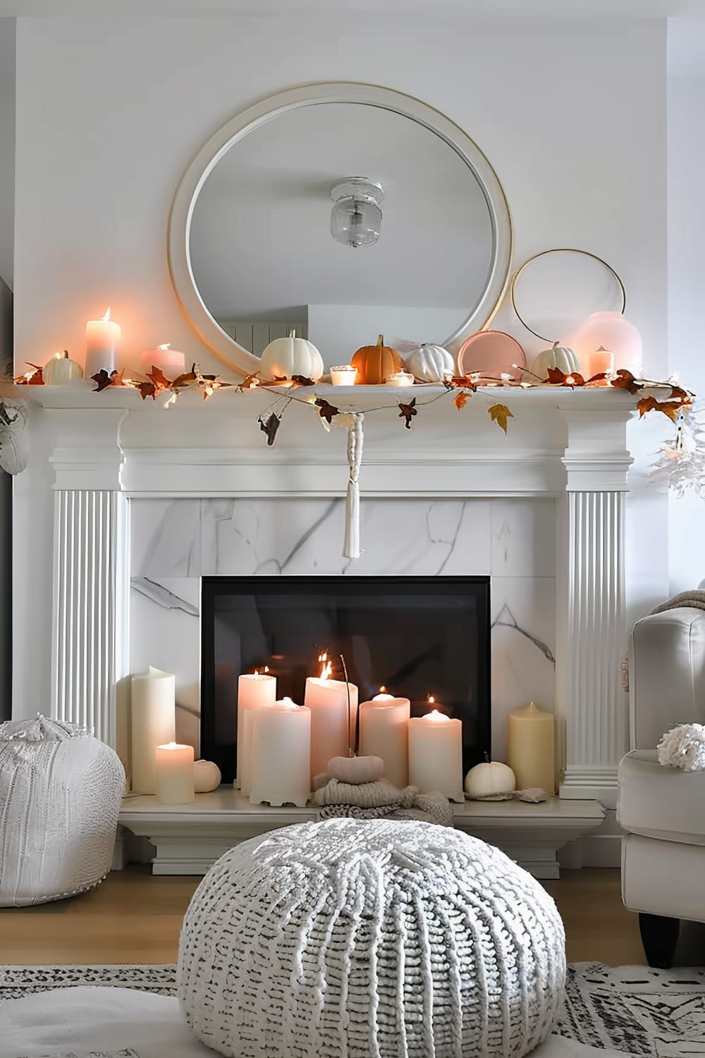 A beautifully decorated fireplace mantle featuring a large circular mirror and a garland of autumn leaves interspersed with small white candles. On the mantle are various small pumpkins and additional candles in different sizes. The hearth below is filled with pillar candles of varying heights, all lit to create a warm glow. In front of the fireplace is a knitted white pouf, and to the side, there is a cream-colored armchair partially visible.