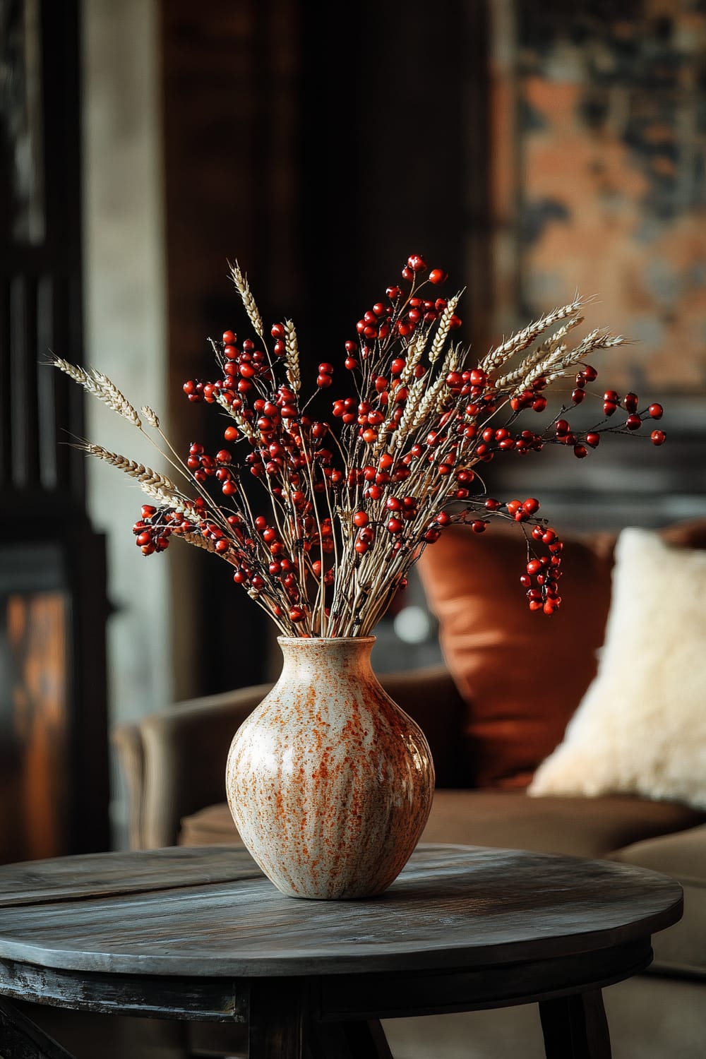 A rustic coffee table with a handcrafted beaded vase in autumn colors, holding a bouquet of wheat and red berries. The background includes an armchair with warm-toned and textured cushions. Warm lighting emphasizes the vase and the textures of the coffee table.