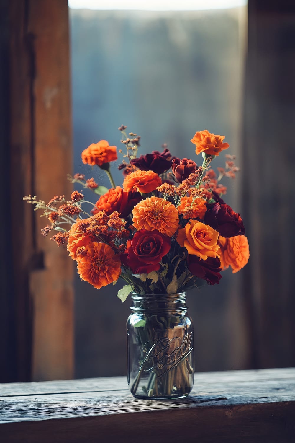 A glass mason jar filled with vibrant orange and burgundy flowers, including marigolds and roses, sits on a weathered wooden surface against a blurred wooden and blue-hued background.