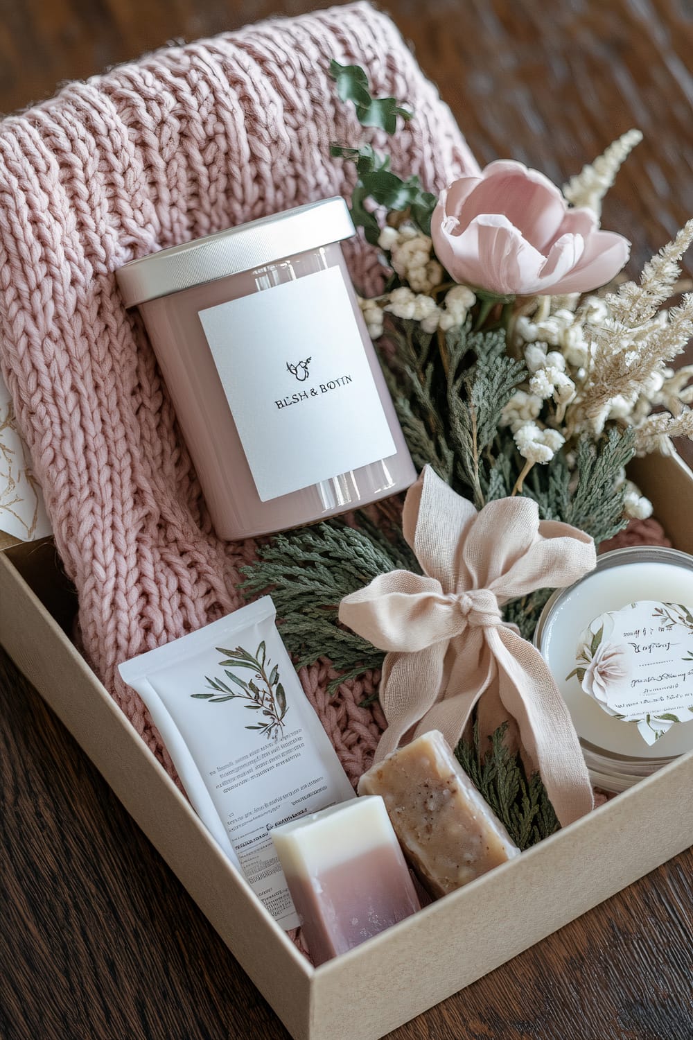 A beautifully arranged gift box sitting on a wooden surface. The box contains a large, pink, hand-knitted chunky scarf, a blush-colored candle in a glass jar with the label "Blush & Botin," a floral arrangement with a pink artificial rose, green sprigs, and dried white flowers. There is also a white tube of lotion adorned with a botanical design, and two artisanal soaps – one layered with pink and white, the other a natural mottled brown. A round container with a label and a beige cloth ribbon is also included.