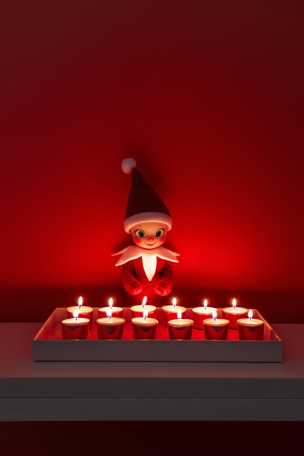 An Elf on the Shelf figure in a red outfit stands behind a white tray containing nine lit red votive candles. The scene is illuminated by bold red lighting, set against a clean, subdued red background.