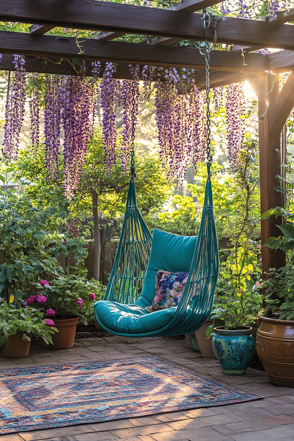 A whimsical patio featuring a vibrant teal fabric swing chair, hanging from a wooden pergola covered in lush, blooming wisteria. A variety of leafy plants in colorful ceramic pots are scattered around the space, bathing in the warm and inviting glow of the golden hour sunlight.