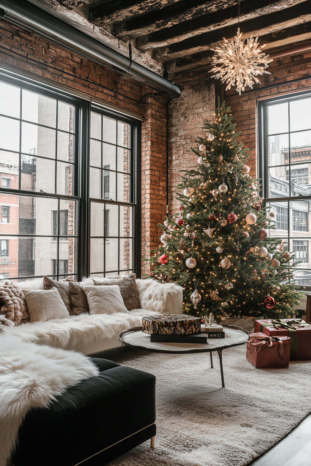 A tastefully decorated loft living room with an industrial touch, featuring exposed brick walls and large black-framed windows. The centerpiece is a decorated Christmas tree adorned with lights and baubles in various colors. The room also contains a modern white sectional sofa with fluffy throws and pillows, a round coffee table with wrapped presents, and a black accent bench with fur throws. Overhead, a starburst chandelier adds a stylish touch, contrasting with the aged wooden beams of the ceiling.