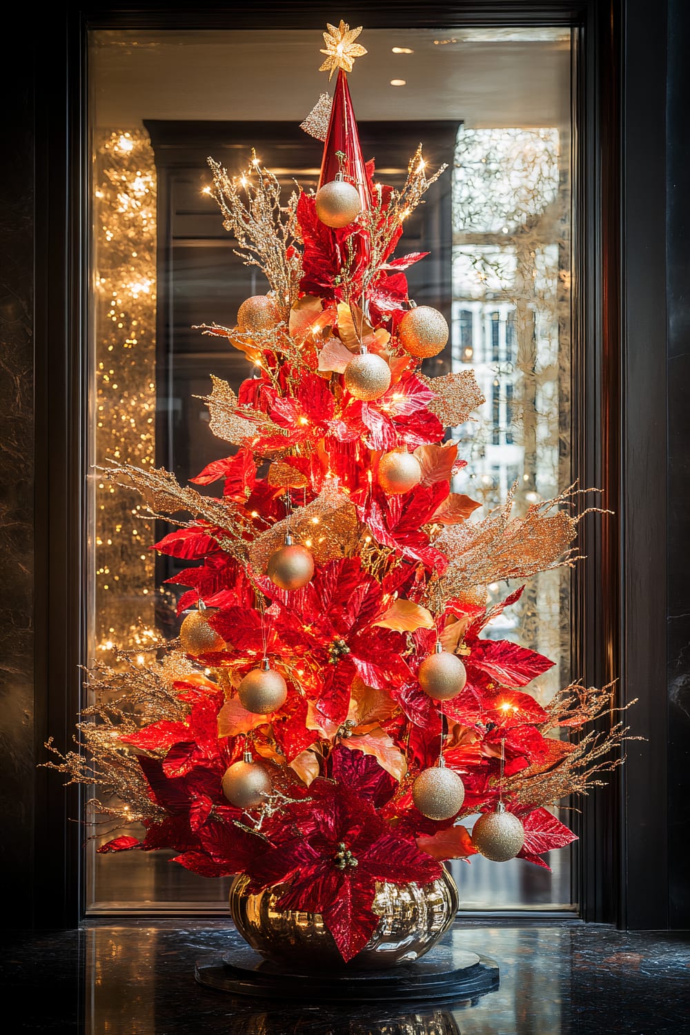 A luxurious Christmas tree adorned with vibrant red poinsettia flowers and gold accents, including glittering ornaments and decorative branches, stands on a reflective gold base. The background reveals a well-lit room with large windows featuring cityscape views.