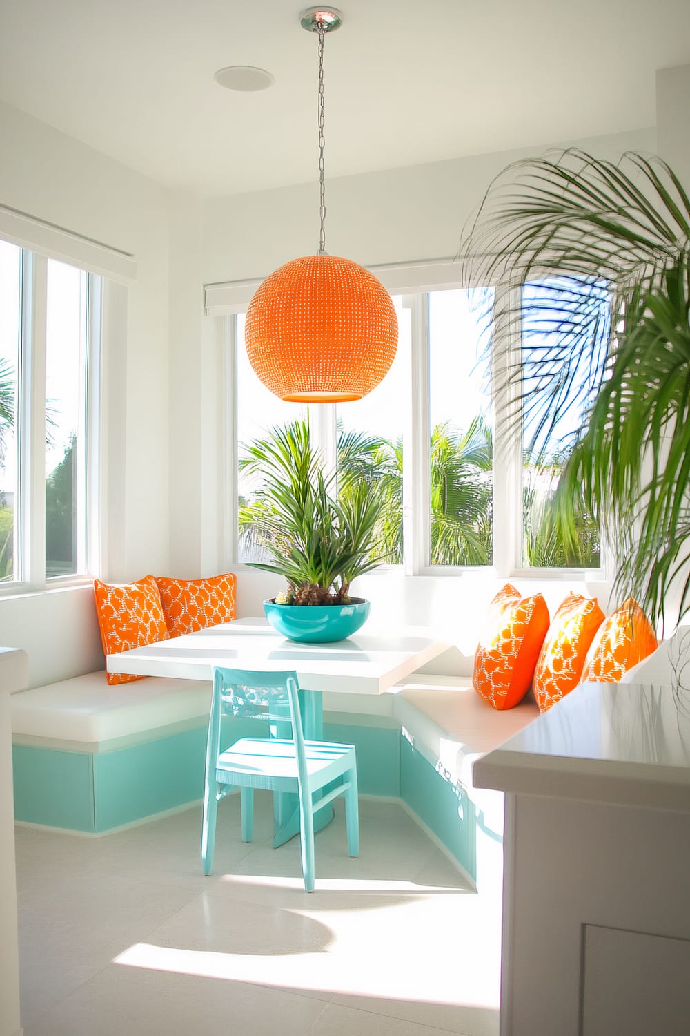 A bright dining nook features a white, minimalist table surrounded by turquoise seating with white cushions. Orange pillows with white patterns add a pop of color. Above the table hangs a large orange spherical pendant lamp. A turquoise vase with a green plant sits at the center of the table. Abundant natural light floods through large surrounding windows, highlighting the tropical plants outside and within the space.