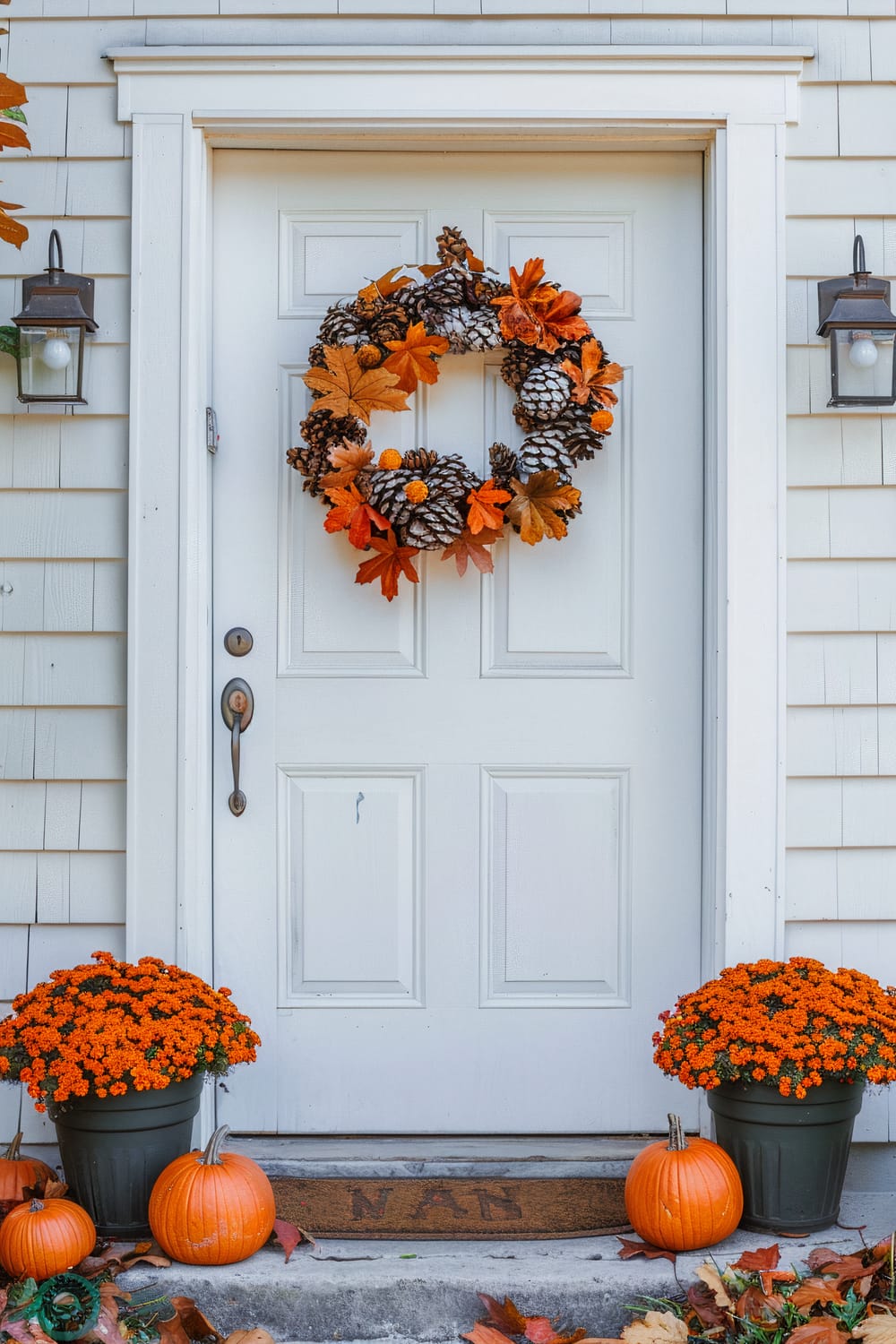 A front door adorned for autumn with a festive wreath featuring pine cones, orange maple leaves, and small orange flowers. Below, two potted plants with orange flowers flank the doorstep, and several pumpkins of varying sizes are placed on the ground. The setting is complemented by a simple doorstep mat, seasonal fallen leaves, and two rustic wall lanterns on either side of the door.