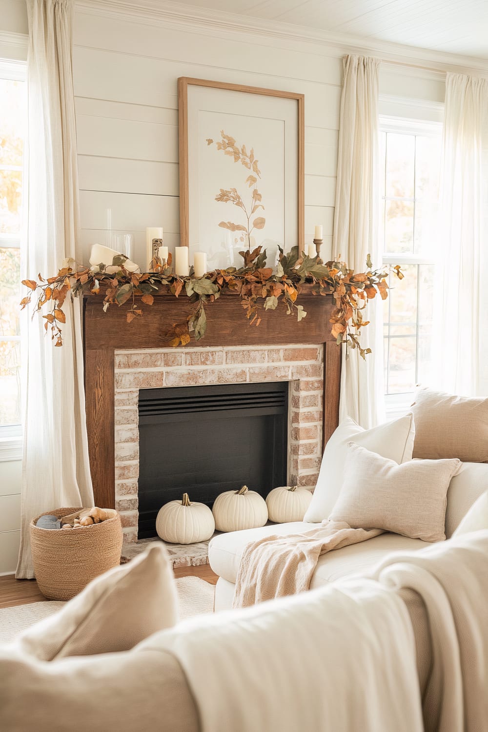 This living room interior features a white-brick fireplace with a dark-wood mantel, adorned with autumnal garlands and candles. Above the mantel is a framed botanical artwork. The room has large windows with white curtains, letting in ample natural light. Beige sofas with neutral-colored throw blankets and pillows create a serene seating area. Three white decorative pumpkins are placed under the mantel. A wicker basket filled with objects sits beside the fireplace.