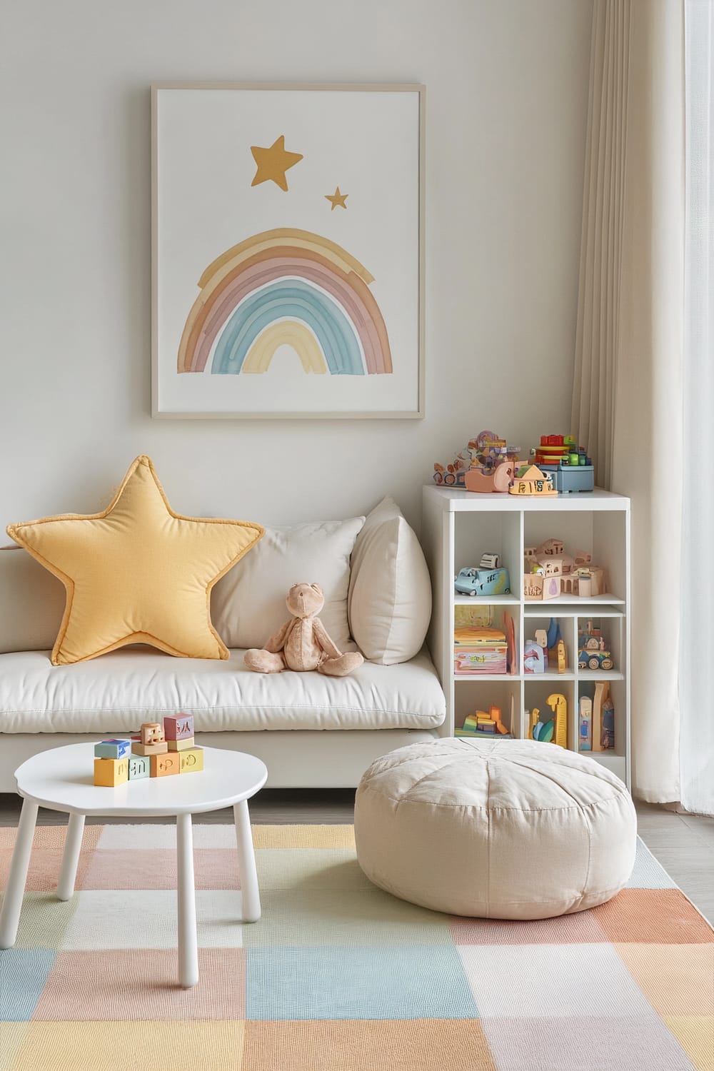 A cheerful children's playroom featuring a white sofa with a star-shaped yellow pillow and a stuffed toy. In front of the sofa, a small white table with alphabet blocks and a beige pouf sit on a pastel checkered rug. Against the wall, a white storage unit filled with colorful toys and books. A framed rainbow art piece hangs above the storage unit. Natural light enters through a large window with light curtains.