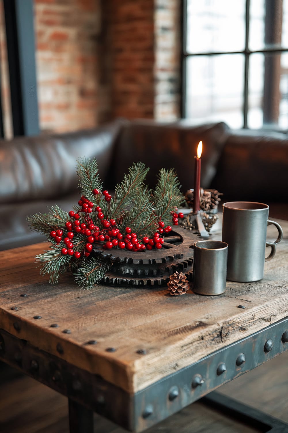 A rustic living room setting featuring a wooden coffee table with a metal frame and rivets. On the table, there is a decorative arrangement of green pine branches and red berries placed on top of metal gears. A lit candle, a couple of metal mugs, and pinecones further decorate the table. In the background, there is a brown leather sofa and large windows with a view of brick walls and the outdoors.