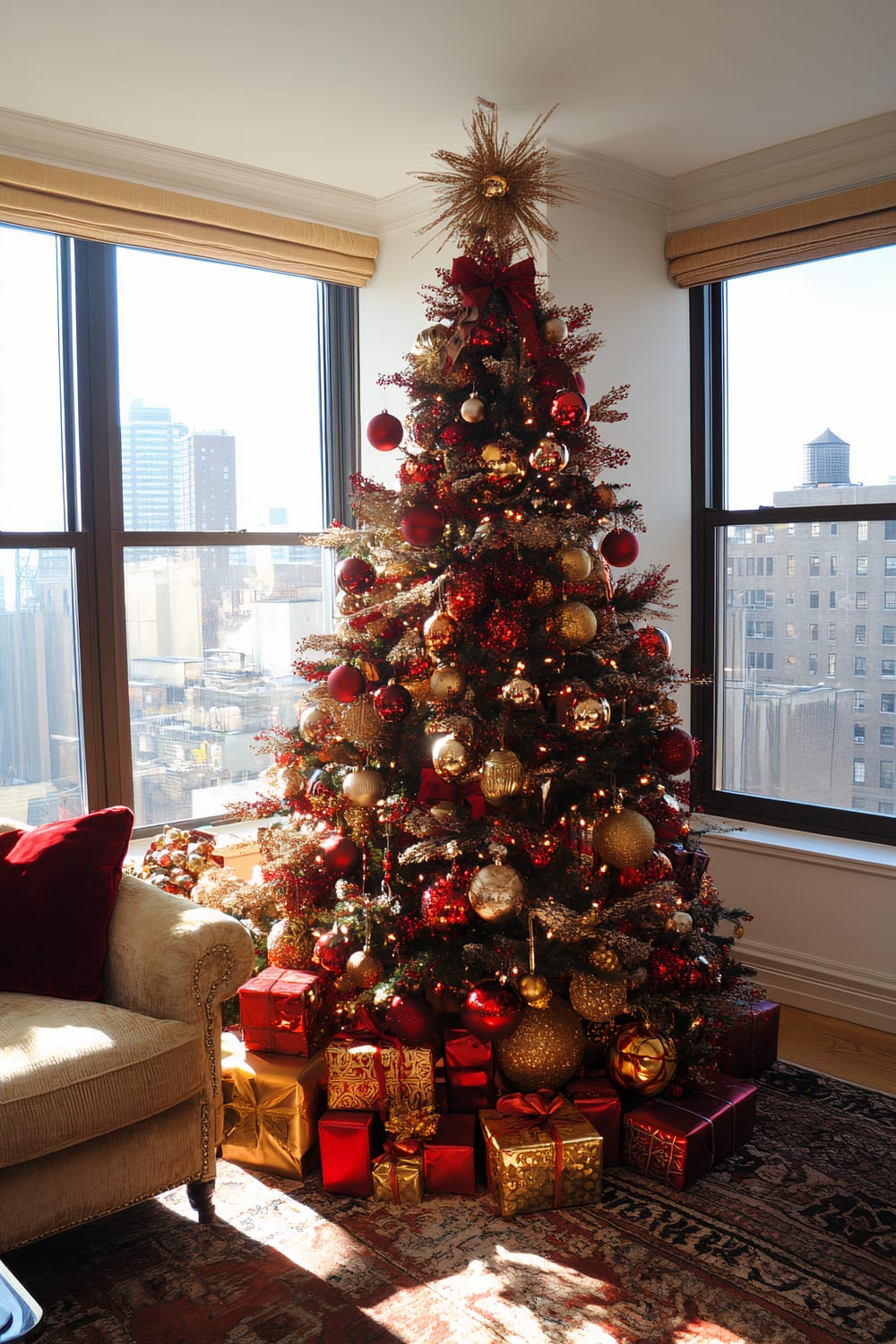 A decorated Christmas tree stands next to large windows in a high-rise apartment, adorned with red and gold ornaments, ribbons, and lights. Red and gold wrapped gift boxes are placed under the tree on a patterned rug, while a beige upholstered chair with red cushions sits nearby. The panoramic windows reveal an urban cityscape with various buildings and a water tower.