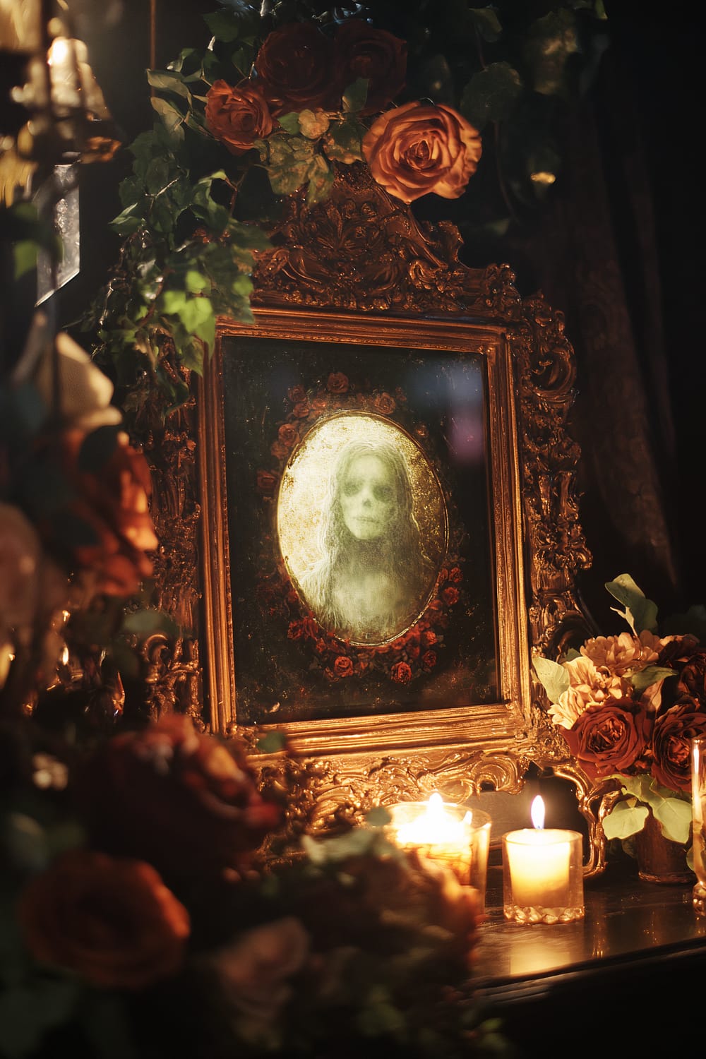 A close-up of an ornate picture frame featuring a subtle spectral image of a woman. The gold-framed picture is adorned with small flowers and surrounded by dark roses and green foliage. The scene is dramatically lit with candles placed around the frame, creating an eerie yet sophisticated atmosphere. The background consists of a rich, dark fabric, enhancing the posh, mysterious Halloween decor.