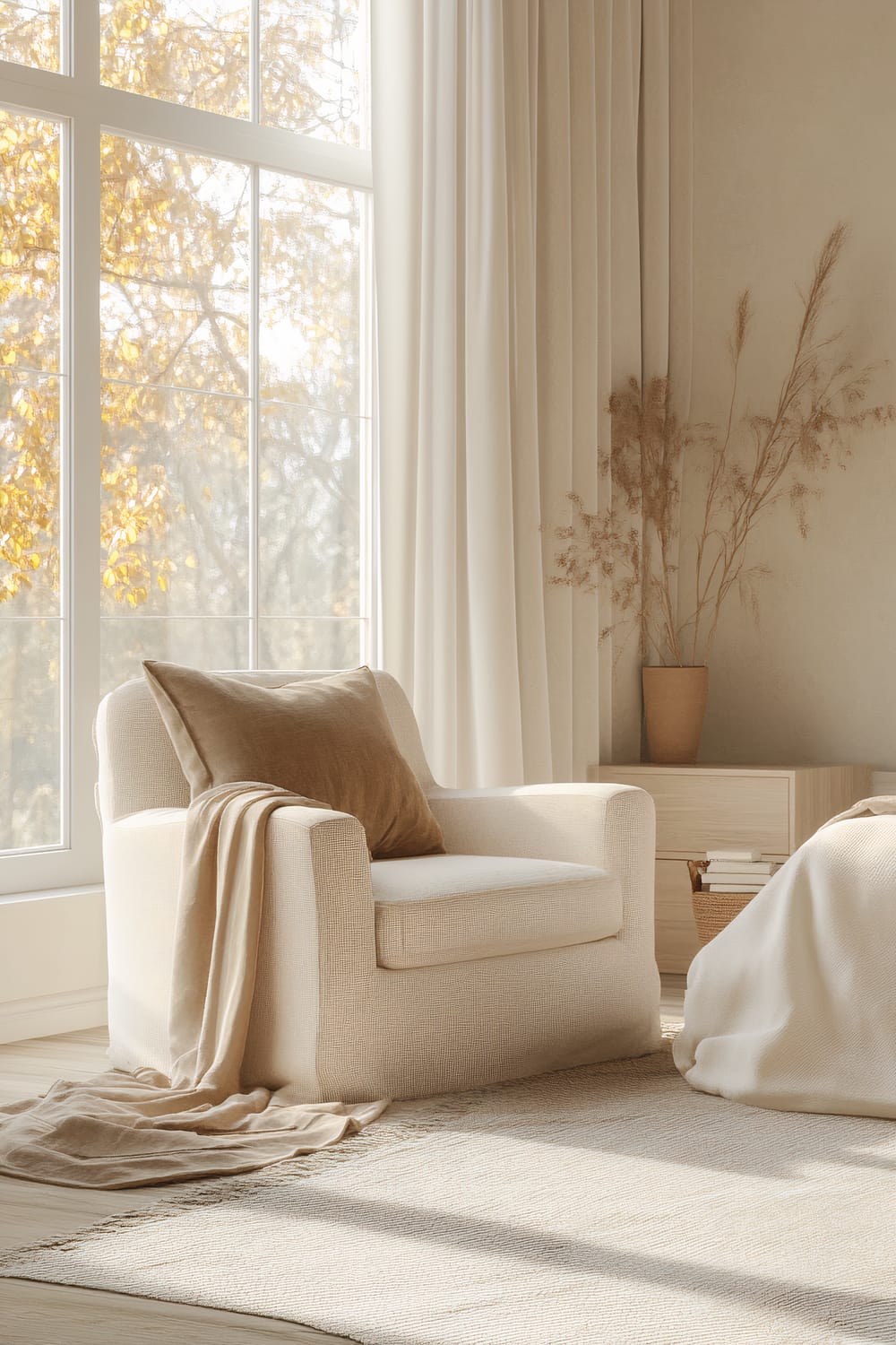 A serene bedroom scene with a large window on the left, letting in warm natural light. A soft beige upholstered armchair sits near the window, draped with a tan blanket and a brown cushion. A beige woven rug is on the floor, and long beige curtains frame the window. In the background stands a small wooden nightstand with a vase containing some dried branches, and a stack of books are on the lower shelf of the nightstand. The overall decor is minimalistic and neutral, creating a tranquil atmosphere.