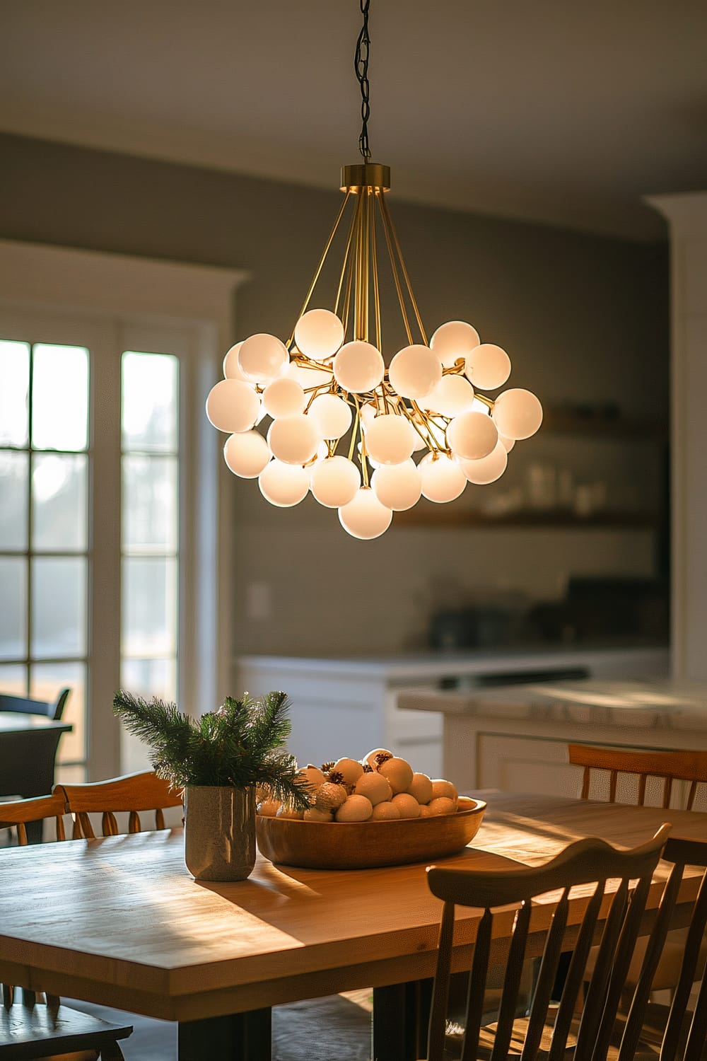 Modern dining area with a wooden table illuminated by a striking chandelier made of multiple spherical bulbs. The table is decorated with a vase of evergreen branches and a wooden bowl filled with white ornaments. In the background, large windows and a bright, airy kitchen can be seen.