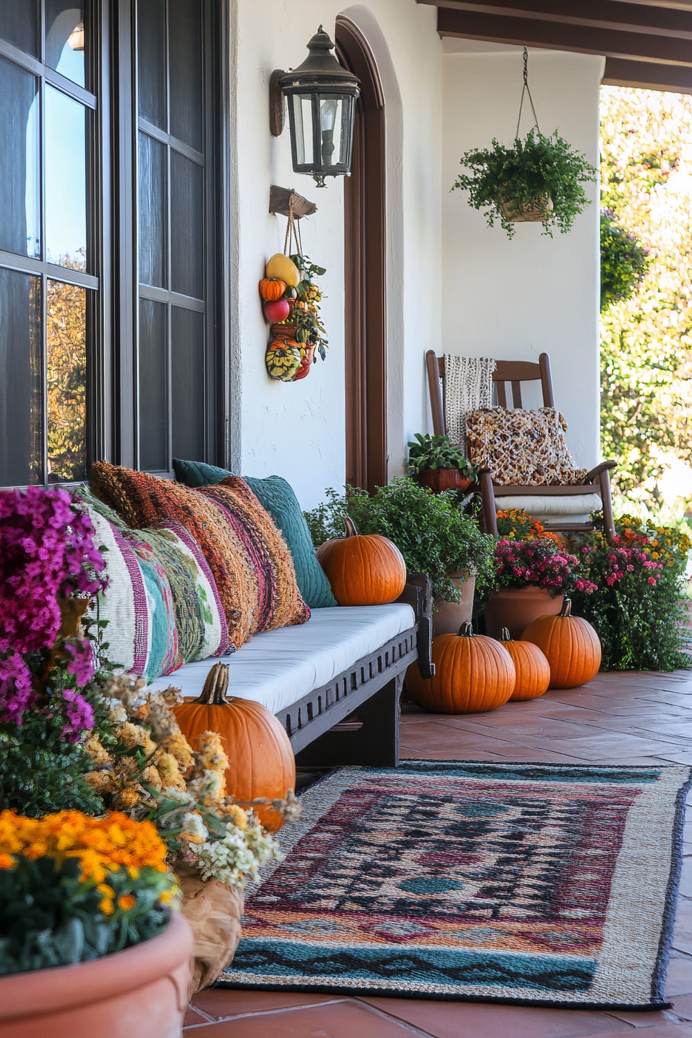 A charming autumn-themed front porch is shown in the image. The porch features a bench adorned with brightly colored, textured pillows, and several pumpkins placed on and around the bench. A rocking chair with a knitted blanket and patterned pillow is positioned beside various potted flowers. A hanging plant and a wall-mounted lantern decorate the wall above. The floor has a vibrant, multicolored woven rug which adds warmth to the space.