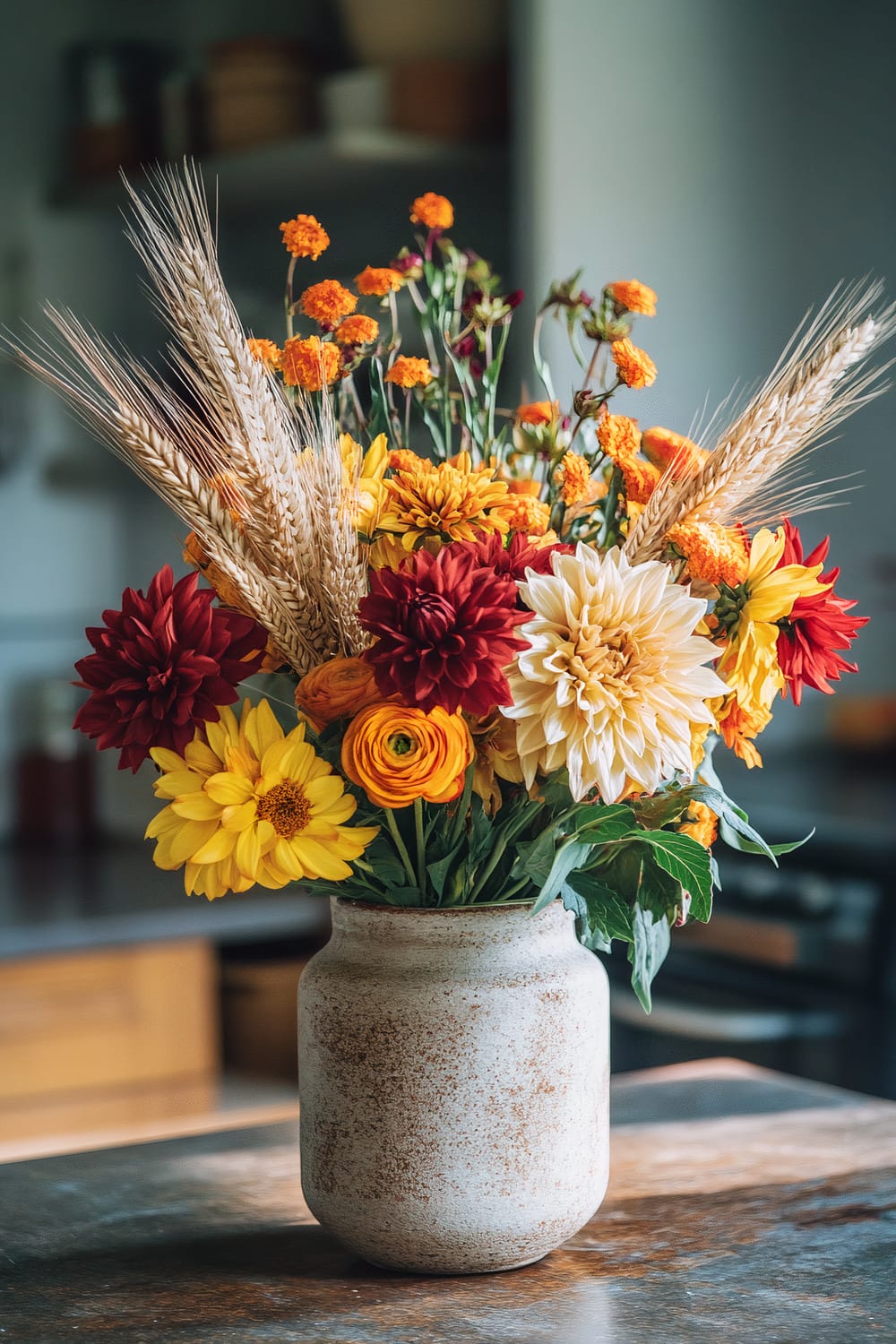 A rustic ceramic vase sits on a wooden table, filled with a vibrant arrangement of flowers. The bouquet includes yellow, orange, and red blooms, with prominent dahlias and marigolds. Stalks of wheat are interspersed among the flowers, adding a touch of texture. The background suggests a modern kitchen setting, slightly out of focus, with a grey countertop and wooden cabinetry.