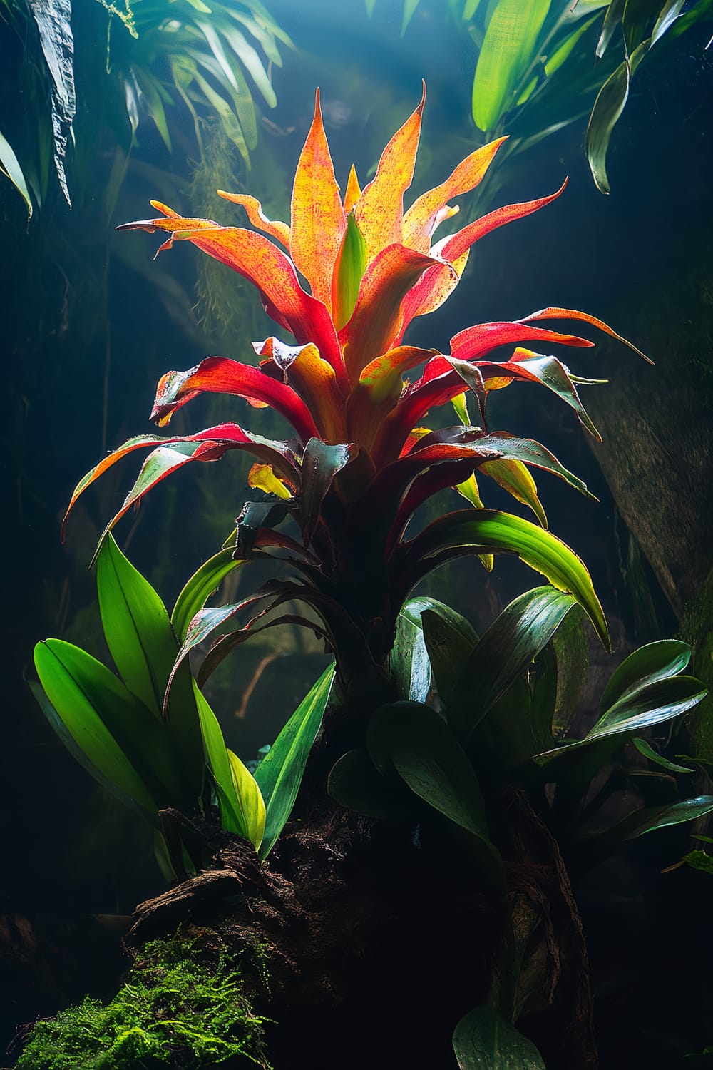 A close-up view of a vibrant bromeliad plant with red, orange, and green leaves, illuminated dramatically against a dark, lush background. The plant is perched on a moss-covered log with additional green foliage surrounding it.