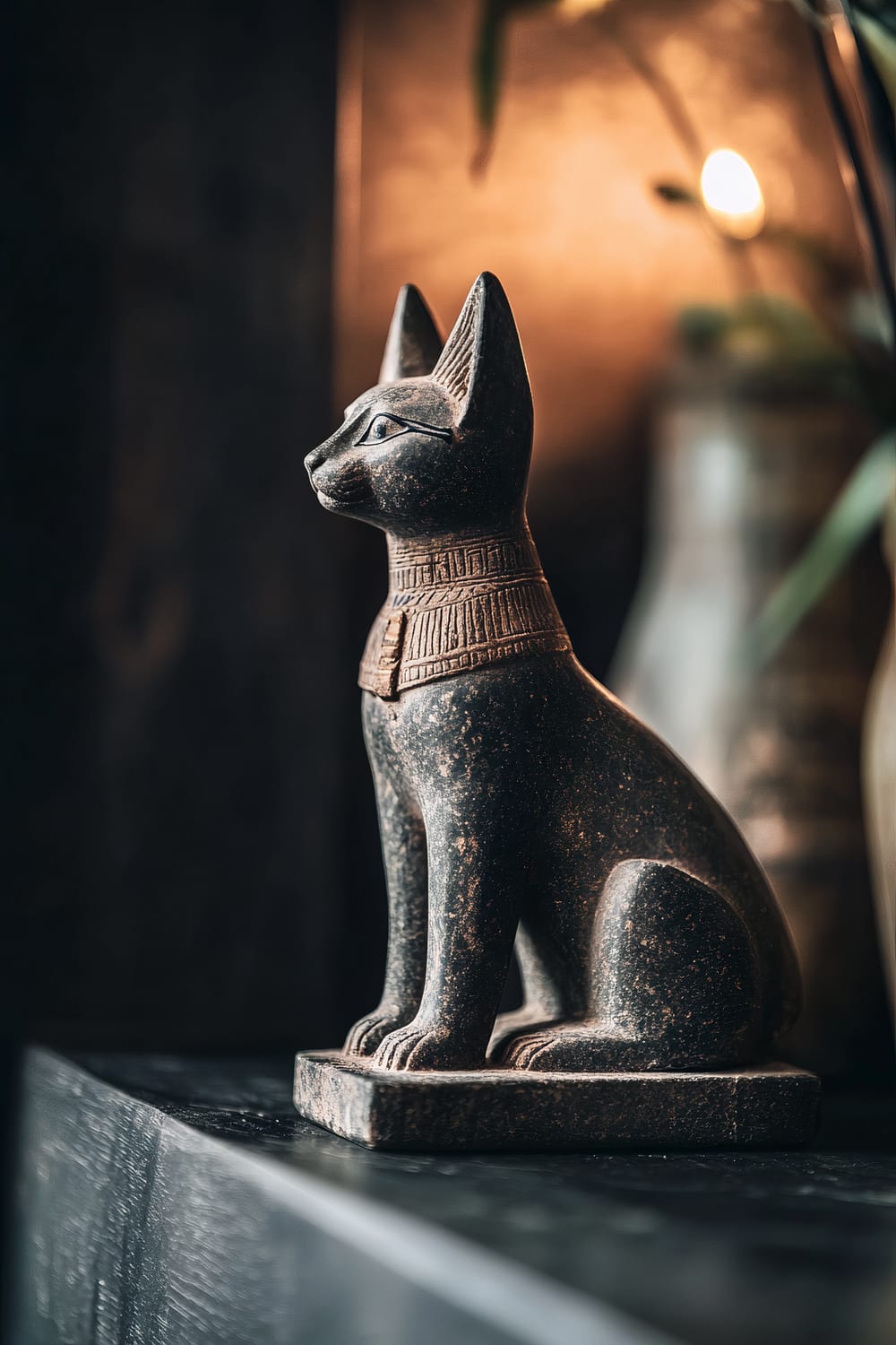 A close-up image of a handcrafted antique Bastet figurine. The figurine displays Bastet's characteristic cat head adorned with traditional Egyptian jewelry. It is made from finely carved basalt and sits on a minimalist dark wood shelf with a dark, blurred background. Soft ambient lighting highlights the details and historical allure of the figurine.