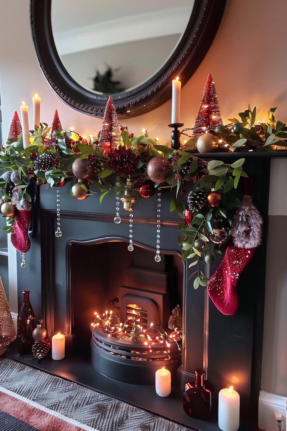 The image depicts a festive fireplace decorated for the holiday season. A black mantel is adorned with a lush garland featuring greenery, ornaments, and fairy lights. Red and gold decorations are prevalent, including sparkly red cone trees and shiny baubles. Candles in various holders add a warm glow. Two red stockings hang from the mantel, and a large round mirror is mounted above it, reflecting part of the room.