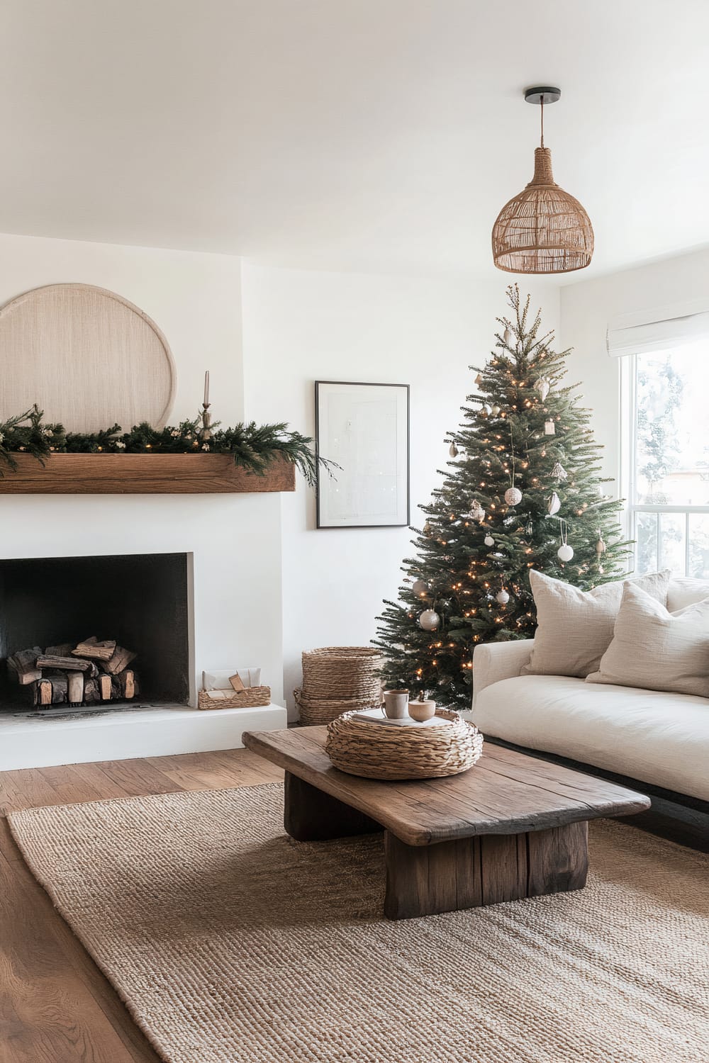 A serene living room decorated for Christmas with sophisticated design elements. A large Christmas tree adorned with white lights and ornaments is positioned next to a white sofa adorned with beige cushions. The room features a wooden coffee table on a beige rug and a fireplace with a wooden mantel, decorated with garlands and a circular wall art piece above it. The overall design combines rustic and modern aesthetics.