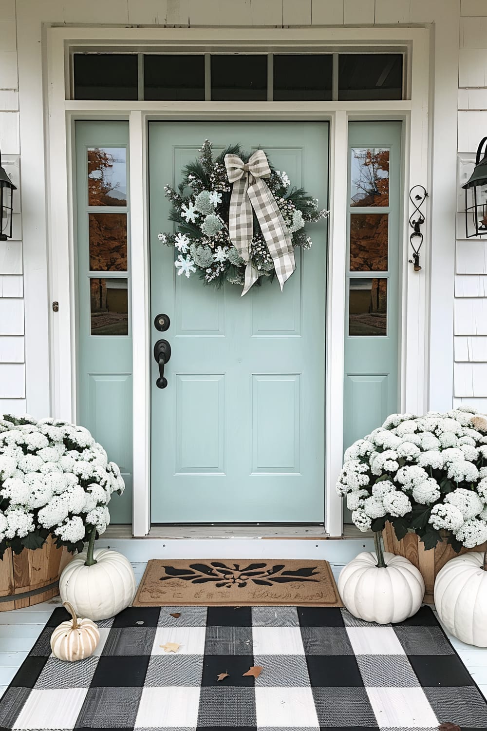 A pastel blue front door of a house, adorned with a holiday wreath featuring white and silver ornaments and a gingham bow. Flanking the door are two large pots of white chrysanthemum flowers, with white pumpkins placed nearby. The entrance features a welcome mat with a floral design and a black-and-white checkered rug.