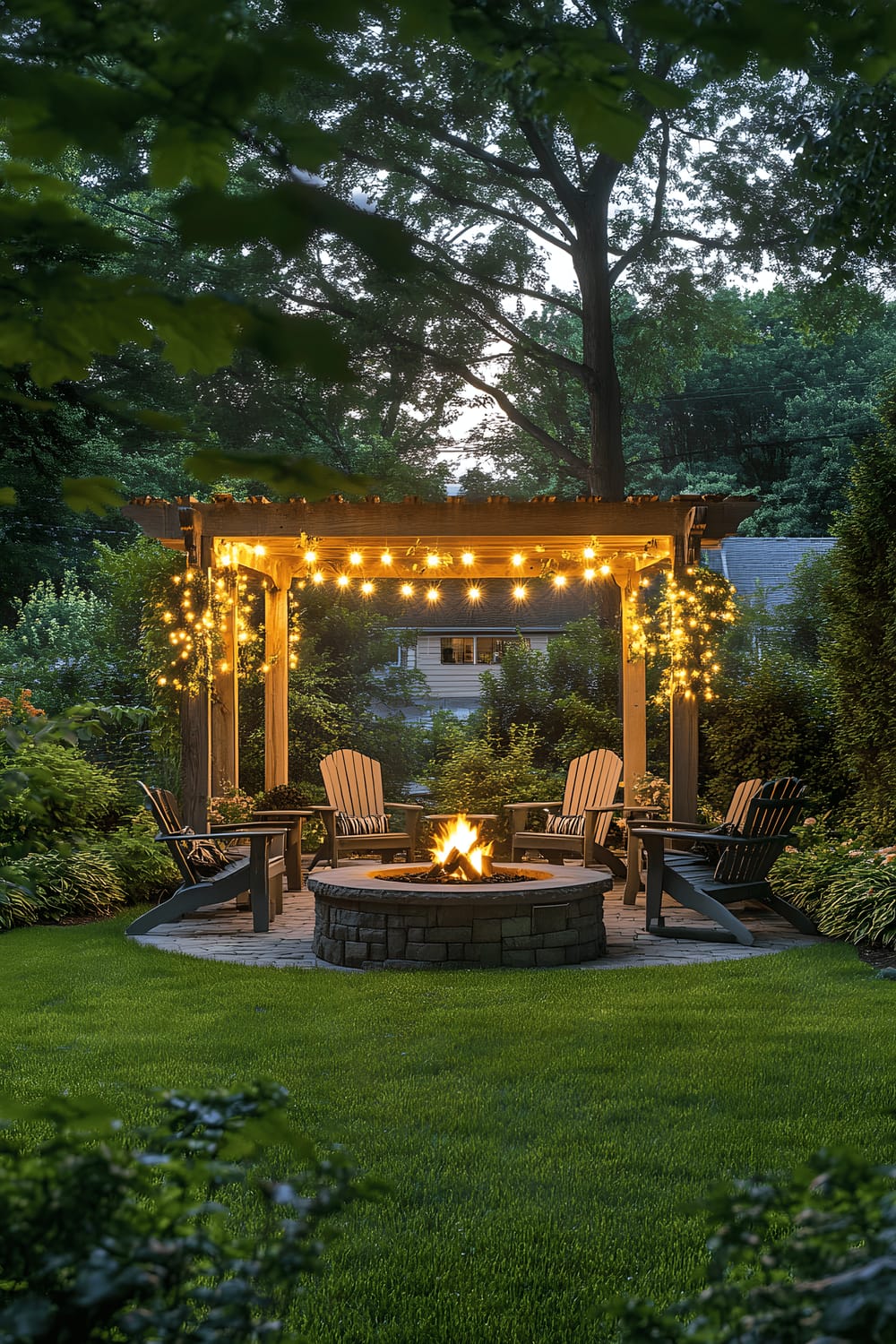 A meticulously maintained suburban backyard at twilight, adorned with incandescent string lights draped above. The green lawn is bordered by carefully manicured hedges and a wooden pergola stands high. Nestled in the outdoor space is a stone fire pit encircled by Adirondack chairs. The warm hues of the setting sun filter through the silhouettes of the surrounding maple trees.