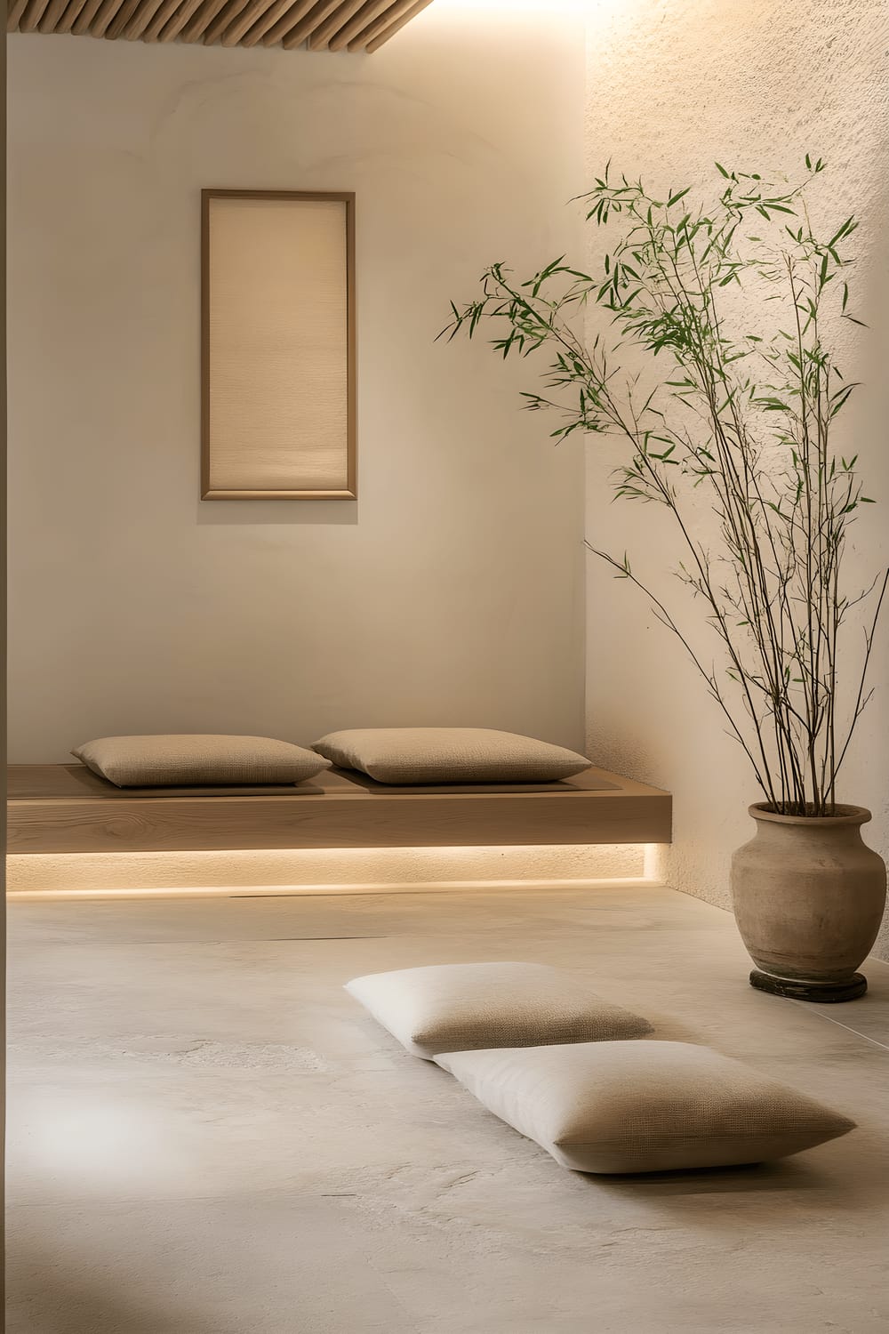 A serene Zen-inspired room perfect for meditation purposes. The room has smooth stone flooring and features a low wooden meditation bench, a bamboo plant in a white ceramic pot, and several soft floor cushions in warm earth tones. Hidden LED light strips provide soft ambient light, subtly illuminating the simplicity and tranquillity of the space.