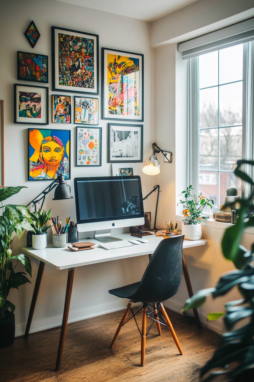 A vibrant home office setup with a modern aesthetic. The space features a white desk with wooden legs, a sleek iMac computer, and a black chair. The desk is decorated with various stationery items, a couple of potted plants, and two adjustable desk lamps. Above the desk, a gallery wall displays diverse, colorful artworks in black frames. A large window to the right lets in ample natural light, highlighting the greenery and creating a bright and lively atmosphere.