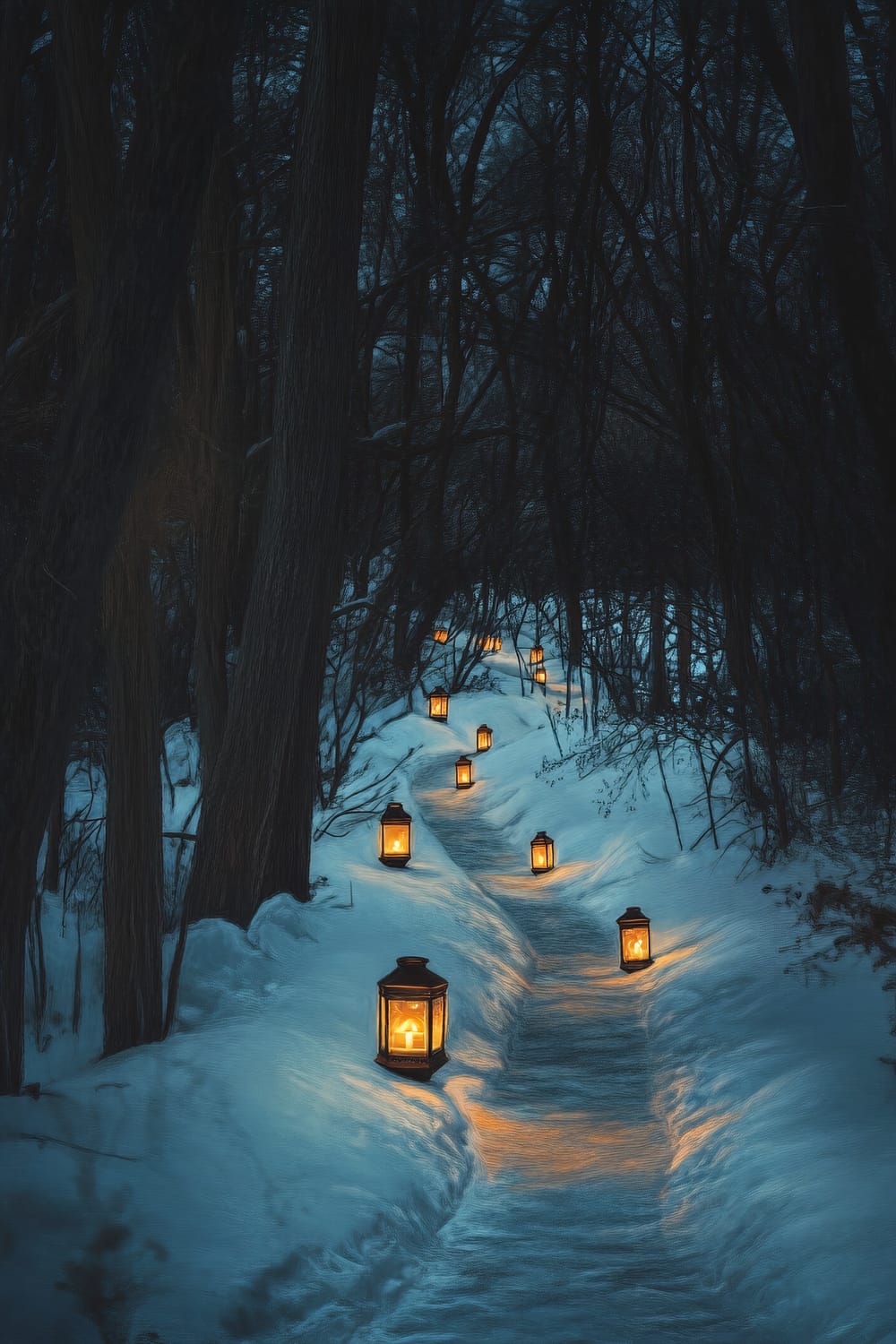 A snowy path winds through a densely wooded forest at night. Antique lanterns line the path, each glowing warmly despite the deep, dark cold of the forest. The trees are tall and barren, their branches creating a web of shadows overhead. The snow-covered ground and trees bathe in the subtle golden light from the lanterns, creating a contrast against the otherwise blue and dark surroundings.