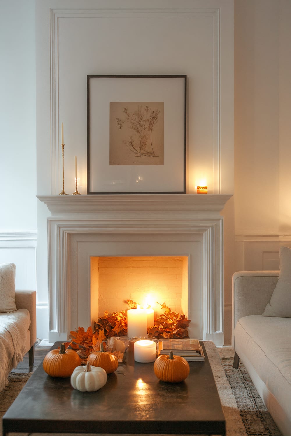 A warmly lit living room features an elegant white fireplace with a framed botanical print above it. The fireplace emits a soft glow from candles and fall leaves inside. The mantel is decorated with slender candlesticks and a small candle. A dark coffee table in front holds small pumpkins and additional candles, flanked by neutral-toned seating.