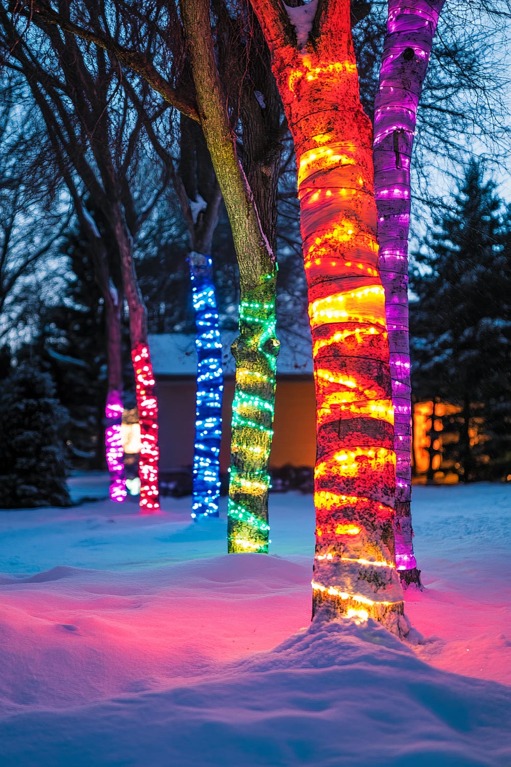 A row of trees wrapped in vibrant, multicolored string lights in a snowy landscape at dusk. The lights create a festive, colorful glow against the white snow and darkening sky. Each tree is uniquely wrapped with different colored lights, including red, blue, green, purple, and yellow.