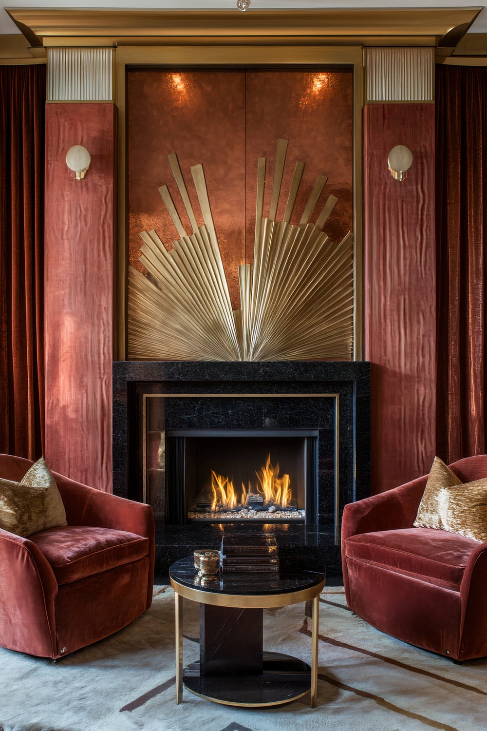 A luxurious interior setting featuring a fireplace as the focal point. The fireplace has a black marble surround with golden accents creating a sharp contrast. Above it, a striking metallic gold decorative panel flares outward like a sunburst against a rich, reddish backdrop. On either side of the fireplace are deep red, upholstered armchairs with plush gold pillows, harmonizing with the overall warm color scheme. Between the chairs is a round black and gold side table adorned with books and a small decorative item. The backdrop includes reddish curtains and paneling, contributing to the lavish atmosphere.